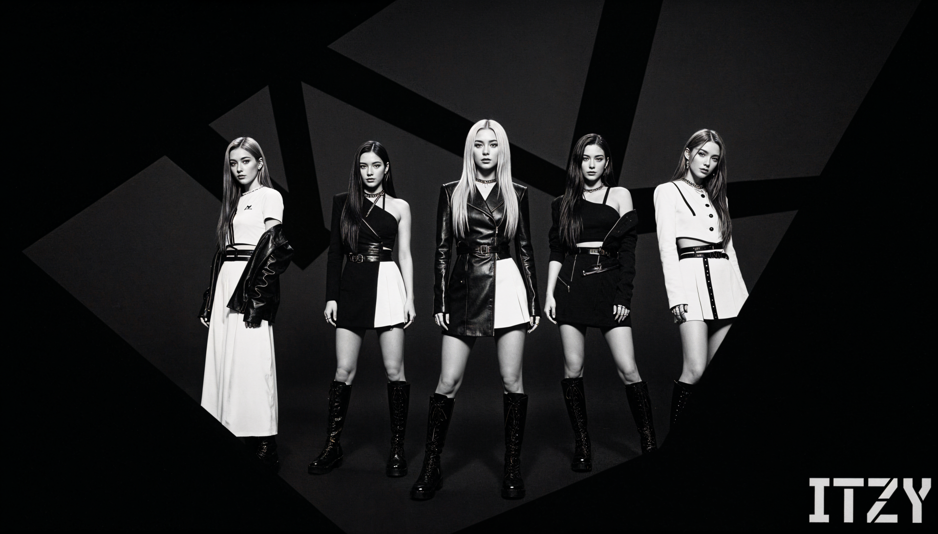 4K Ultra HD PC desktop wallpaper: five women in bold monochrome outfits pose against a geometric dark backdrop, high-contrast black-and-white pop concept.