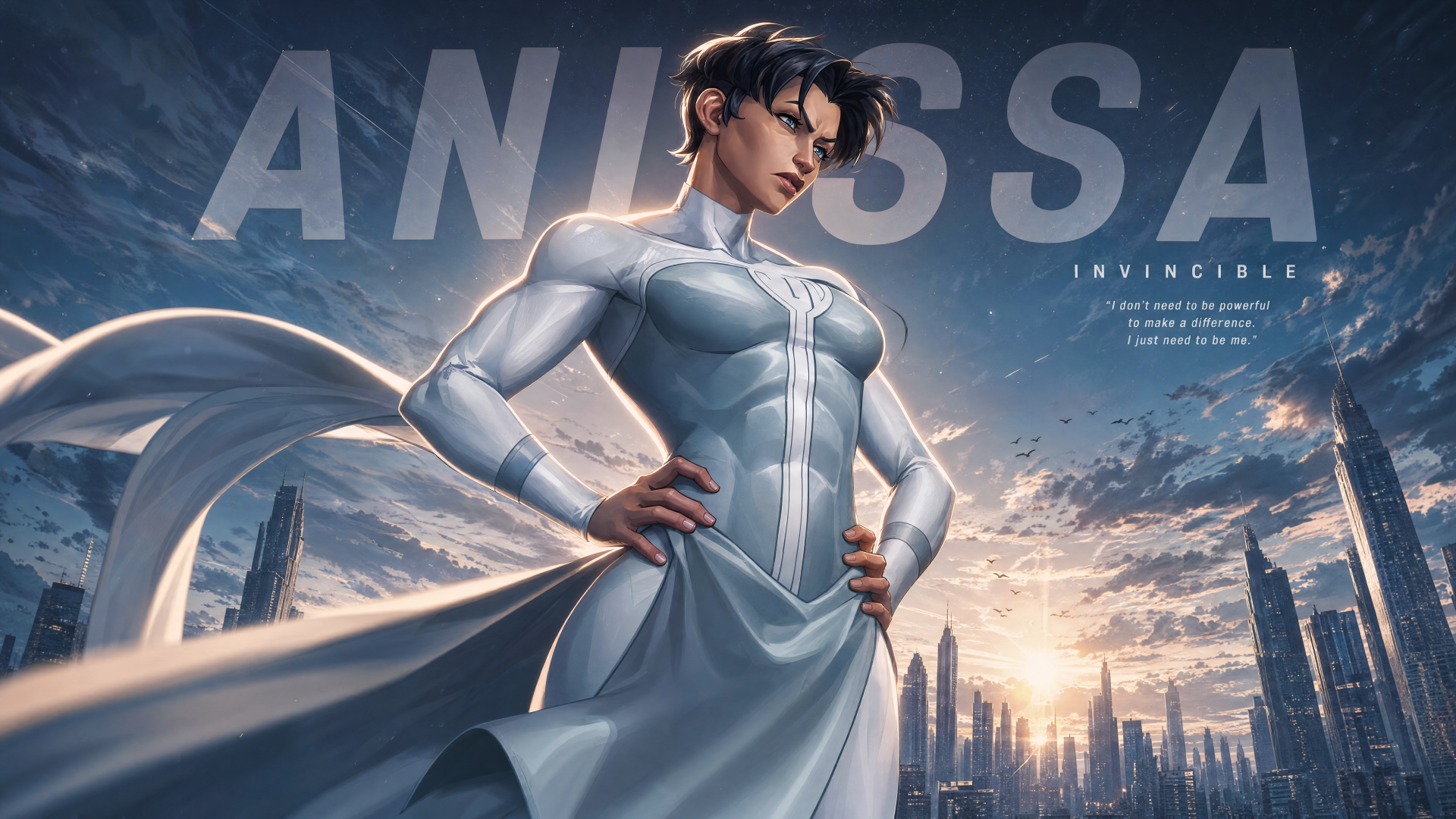 4K Ultra HD PC desktop wallpaper/background: Anissa (Invincible) in a white suit and flowing cape, hands on hips, standing over a sunrise-lit futuristic skyline.