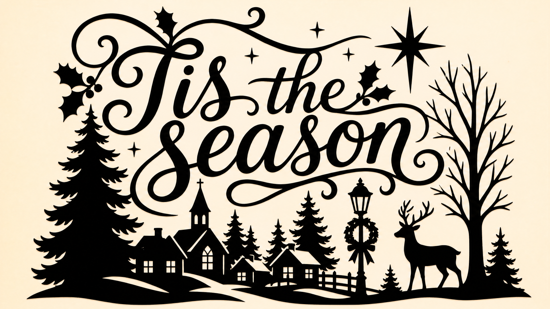 Silhouette winter village with 'Tis the season' script, pines, lamppost with wreath and a deer beneath a starry sky — 4K Ultra HD PC desktop wallpaper/background.