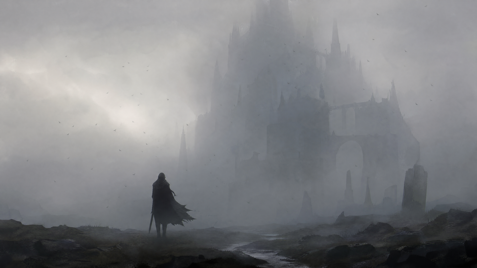 4K Ultra HD PC desktop wallpaper and background: a lone cloaked figure walks a wet, rocky path toward a vast gothic castle shrouded in dense fog under a gray sky.