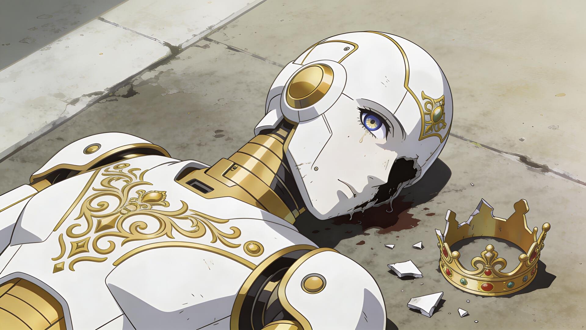 Sci‑Fi scene of a broken white-and-gold humanoid robot lying on cracked pavement beside a shattered crown — 4K Ultra HD PC desktop wallpaper/background.