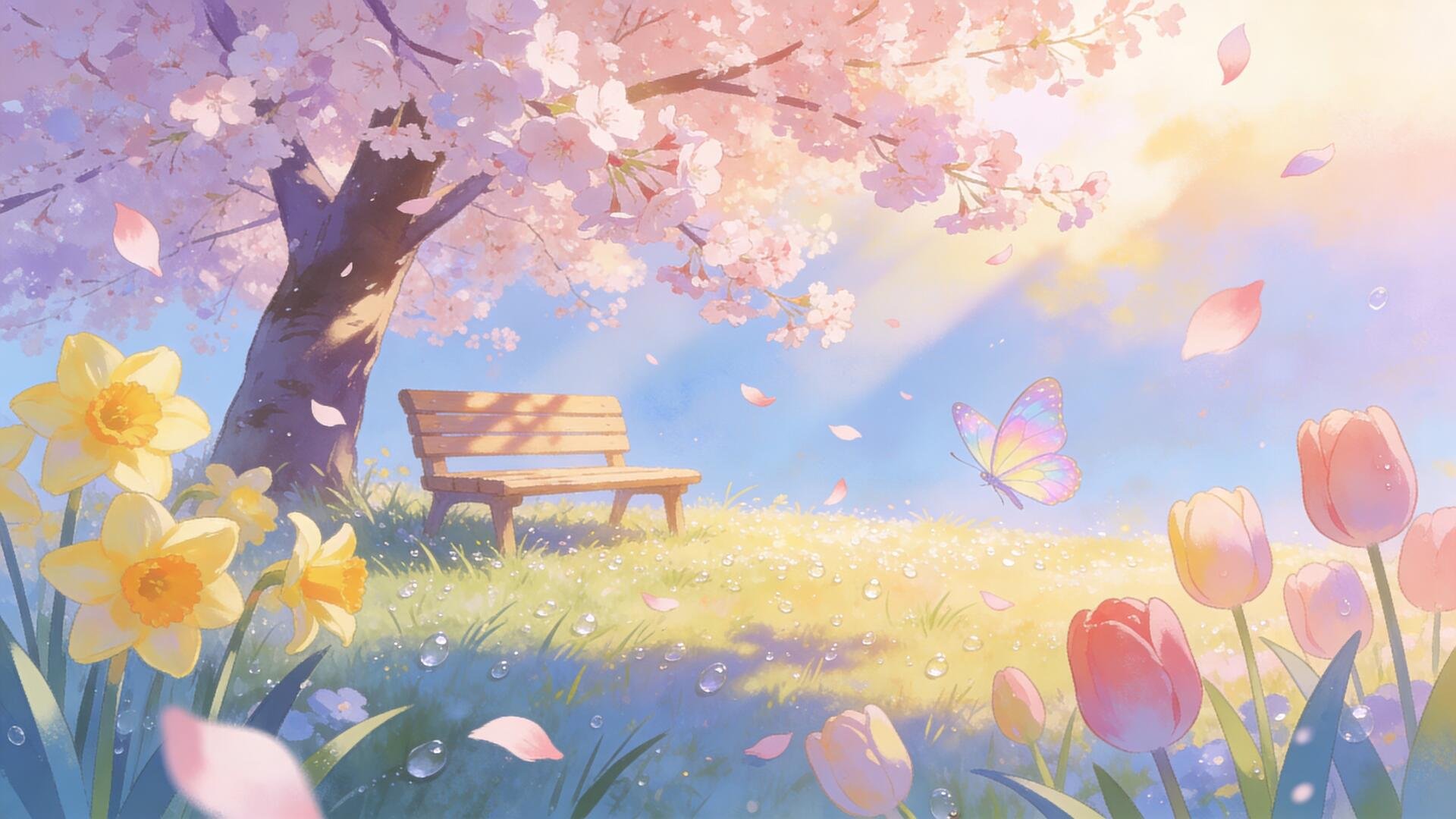 Pastel spring 4K Ultra HD PC desktop wallpaper: sunlit meadow with a cherry blossom tree, wooden bench, blooming tulips and daffodils, and a butterfly drifting among falling petals.