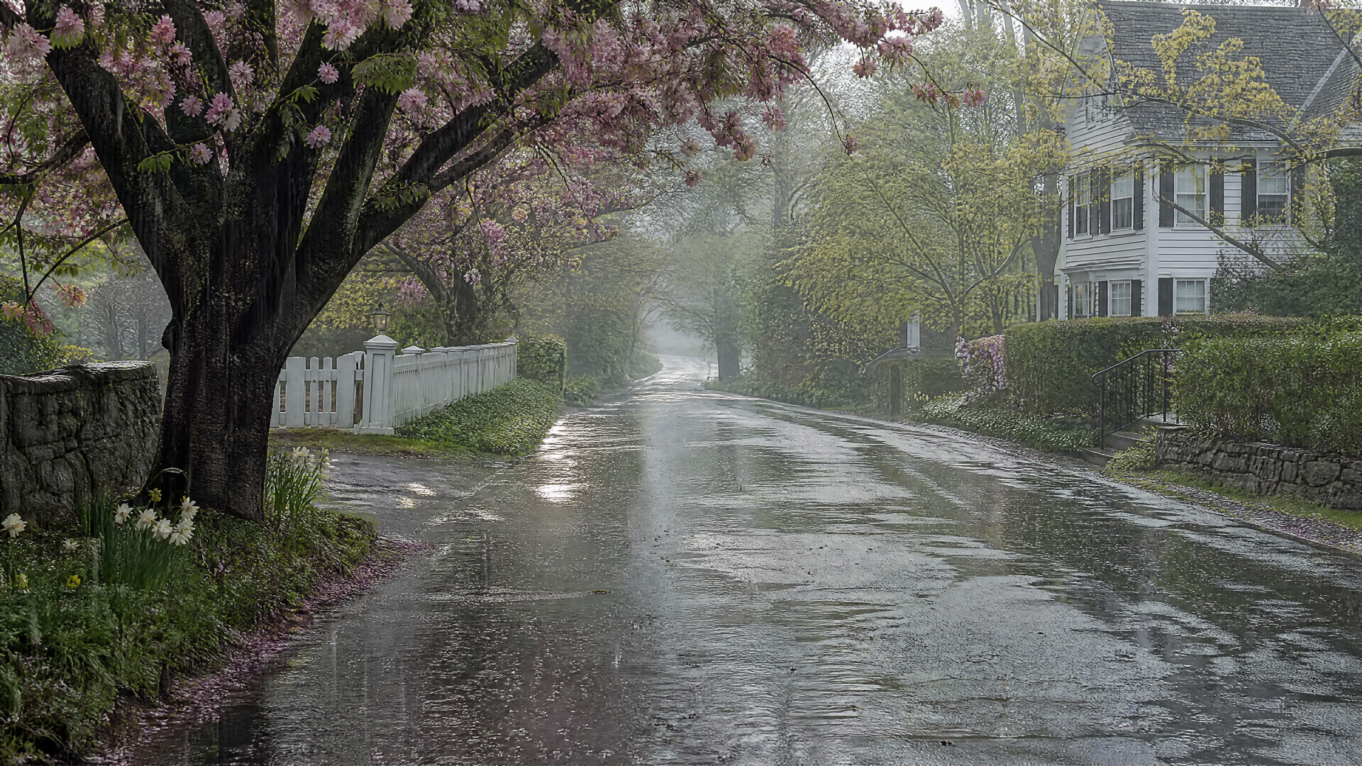 4K Ultra HD PC desktop wallpaper and background: quiet street under spring rain, wet pavement reflecting blooming trees and white houses in soft mist.