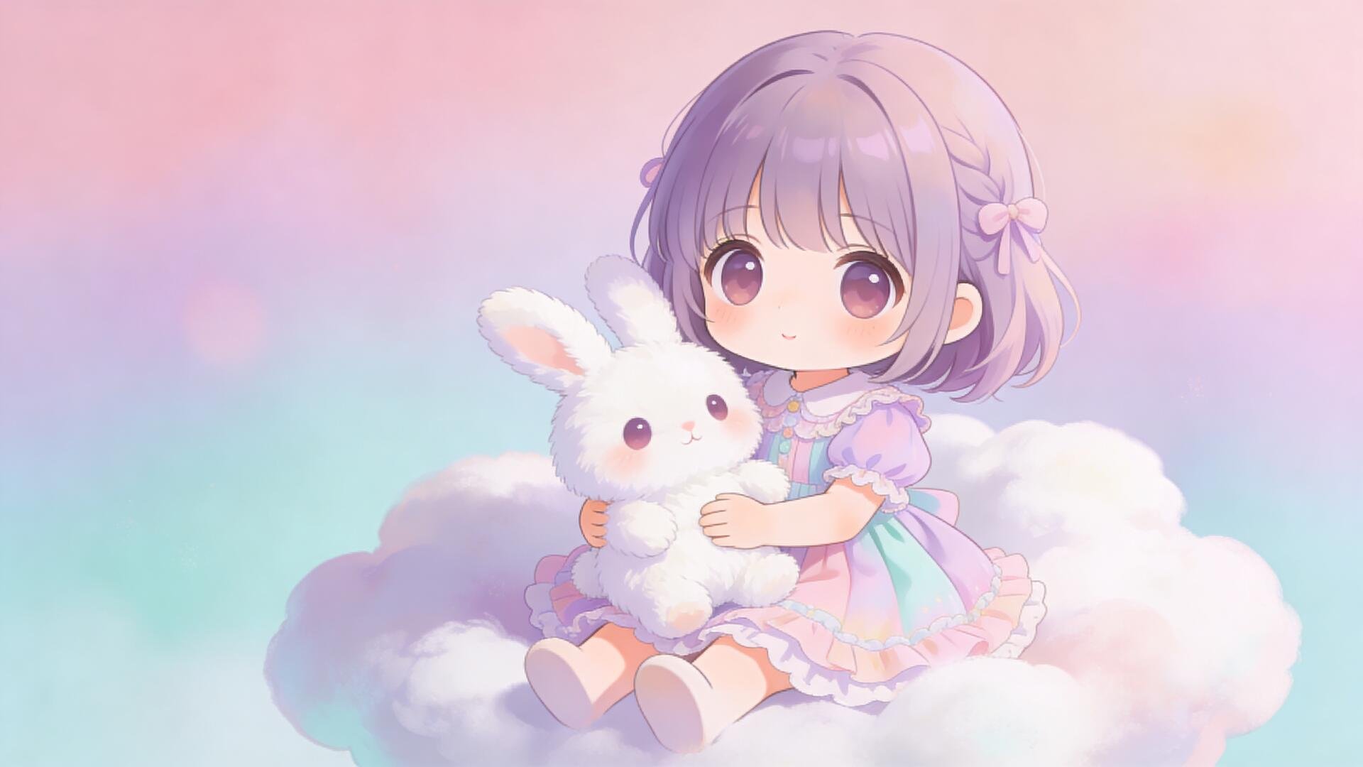 Cute pastel, cute 4K Ultra HD PC desktop wallpaper and background: chibi girl with lavender hair hugging a white bunny atop a fluffy cloud in a soft gradient pastel sky.