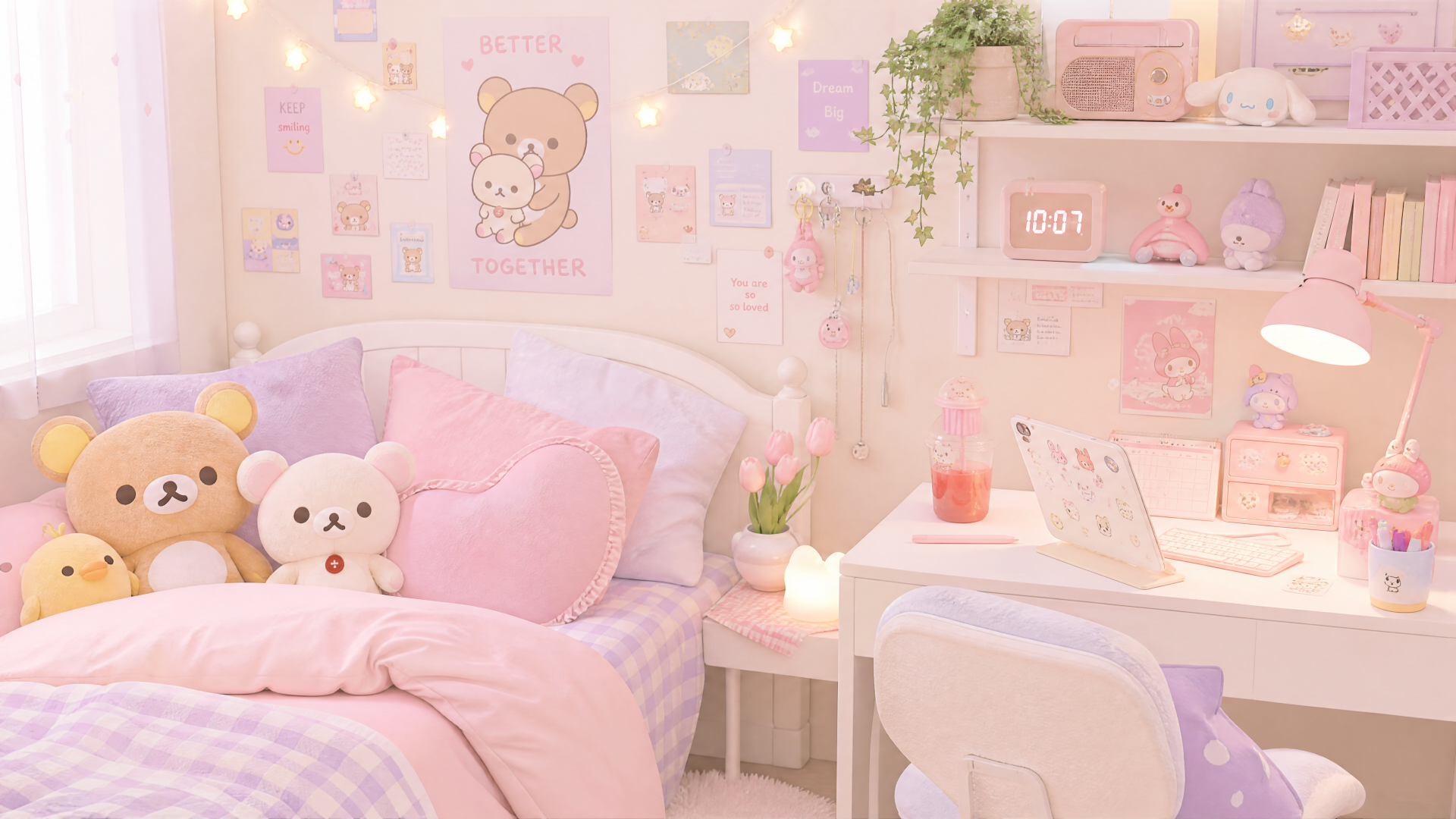 Cute pastel pink bedroom scene with plush bears on a cozy bed, tidy desk with laptop, soft fairy lights and plants — 4K Ultra HD PC desktop wallpaper and background.