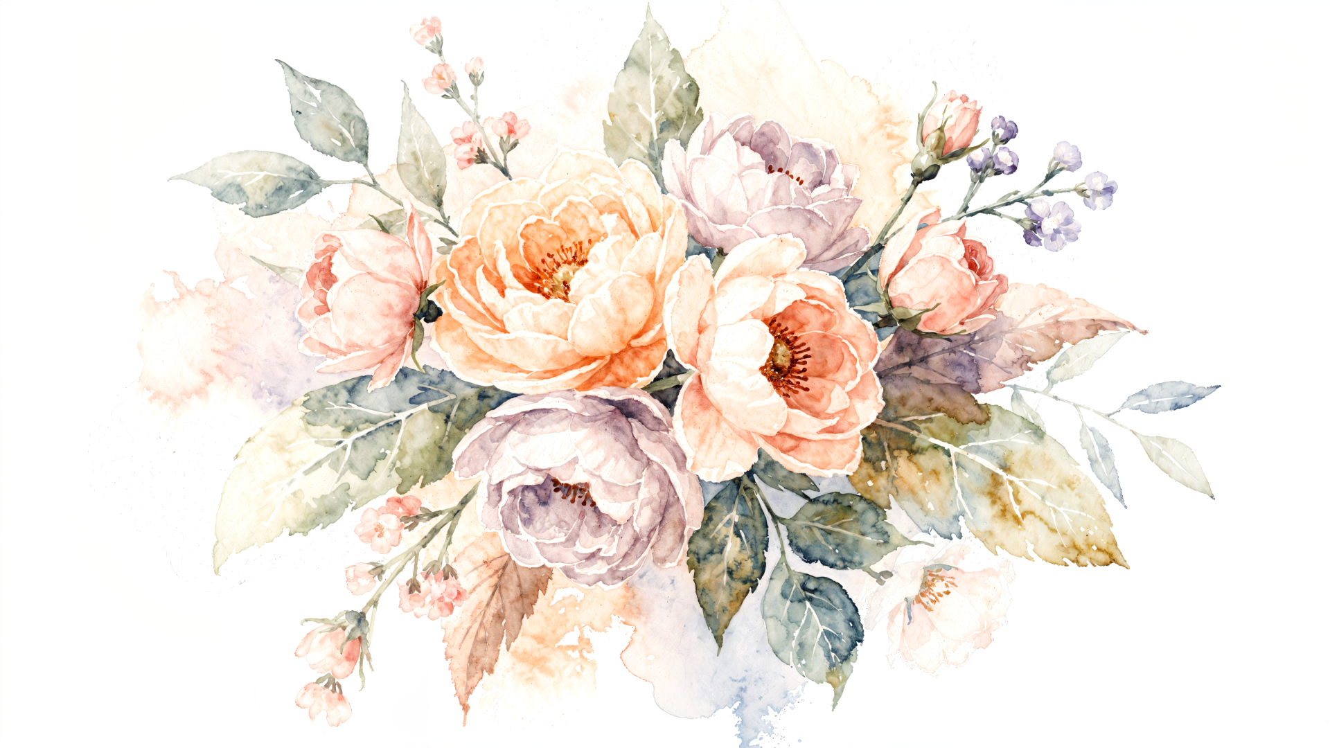 Watercolor Floral 4K Ultra HD PC desktop wallpaper and background: soft peach and blush roses with green leaves painted in delicate washes on white.