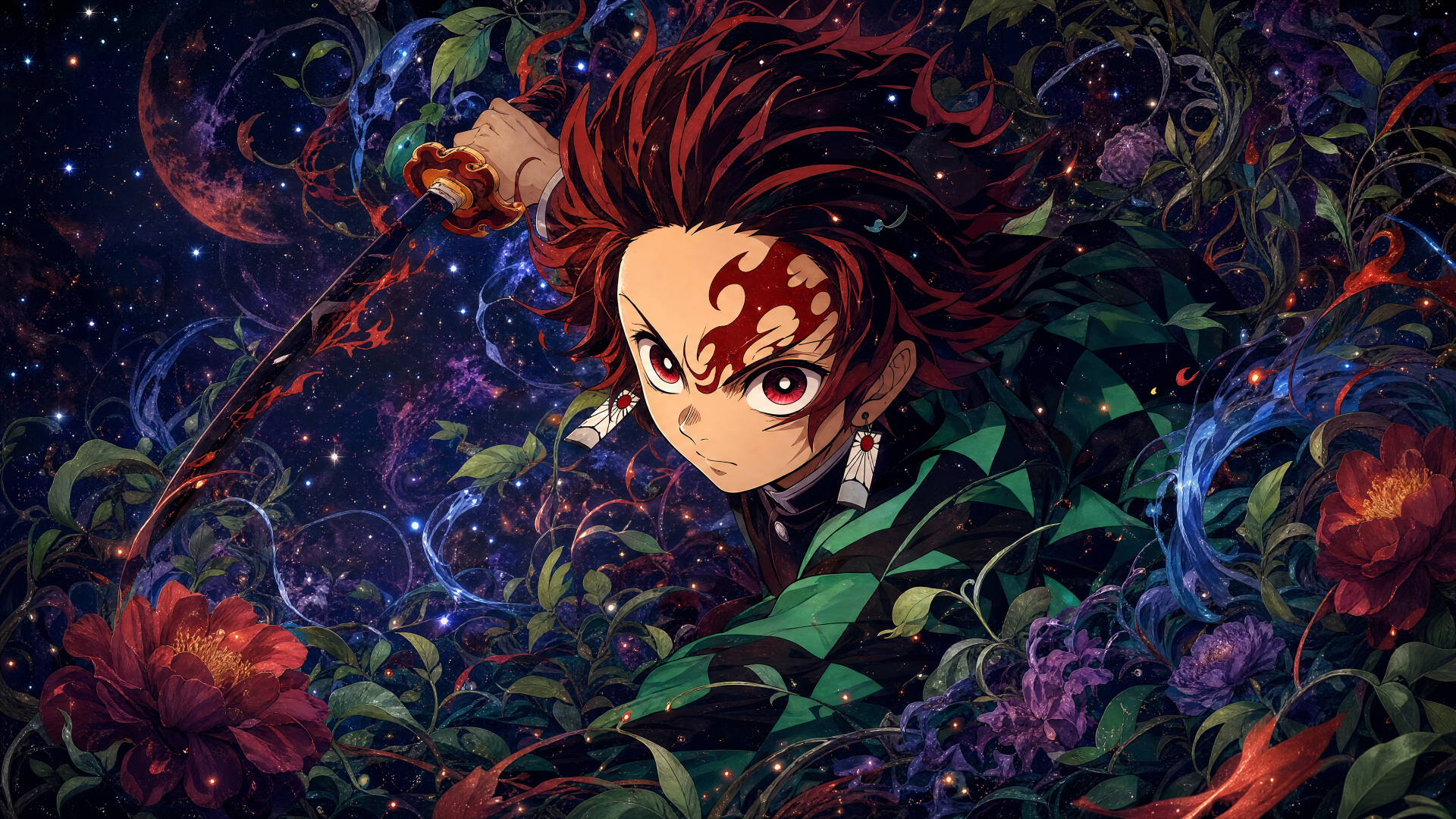 Tanjiro Kamado in a dynamic pose amid swirling floral and cosmic energy, vivid 4K Ultra HD PC desktop wallpaper background.
