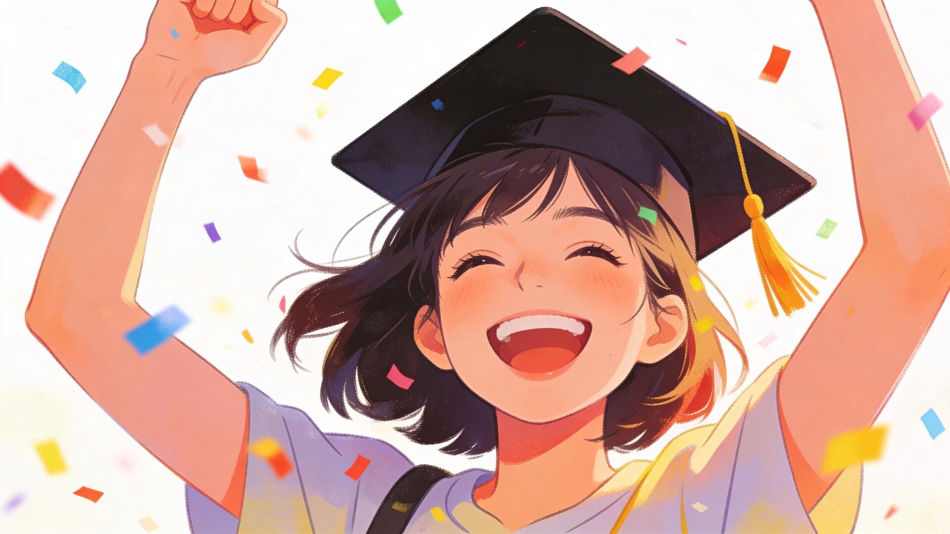 Joyful graduate wearing a graduation cap, arms raised amid colorful confetti; cheerful anime-style 4K Ultra HD PC desktop wallpaper/background.