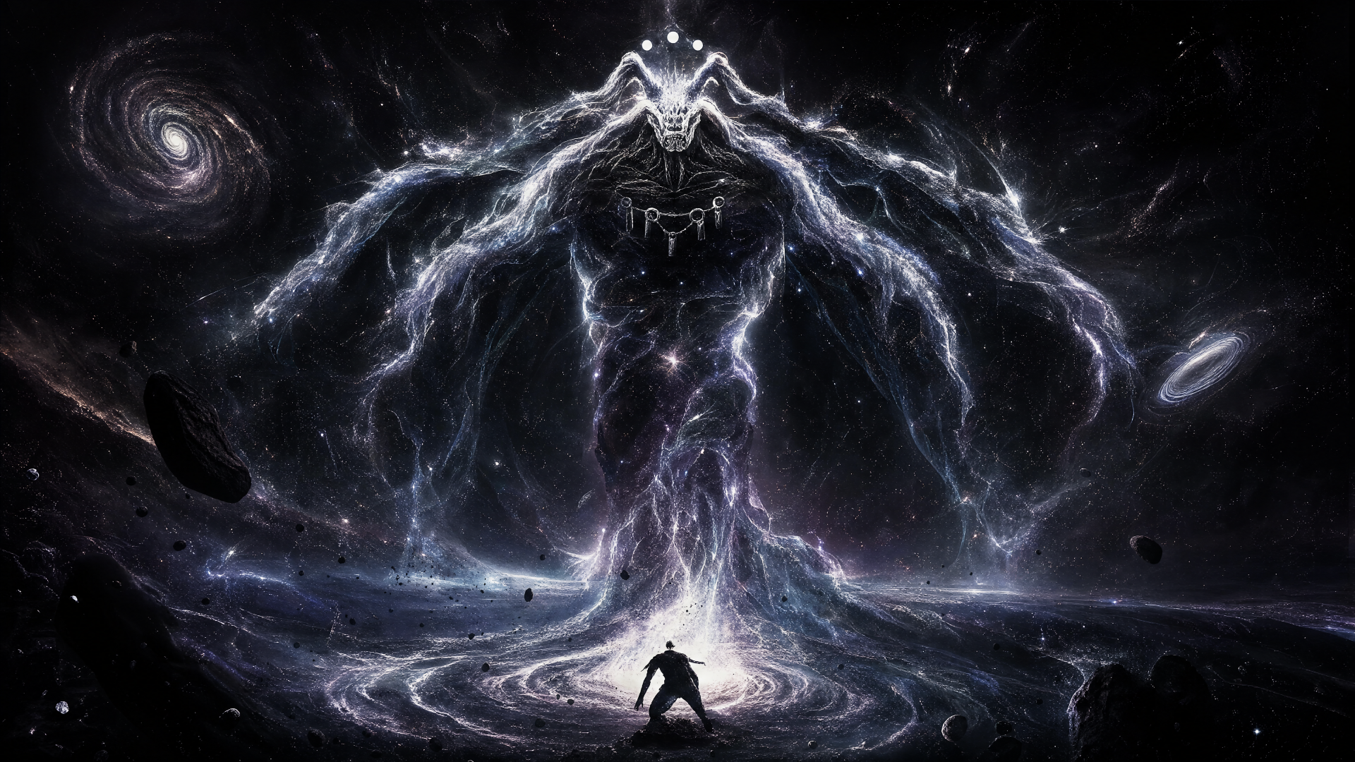 4K Ultra HD PC desktop wallpaper: Mahoraga (Jujutsu Kaisen) as a colossal, storm-made cosmic entity looming over a lone silhouetted figure amid galaxies and lightning.