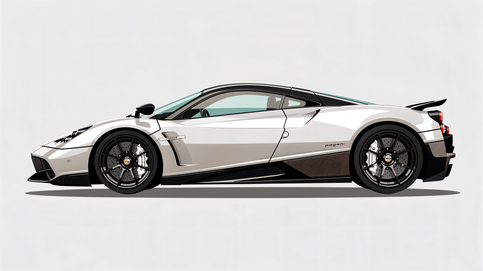 Pagani hypercar side profile in silver on a white backdrop — 4K Ultra HD PC desktop wallpaper/background.