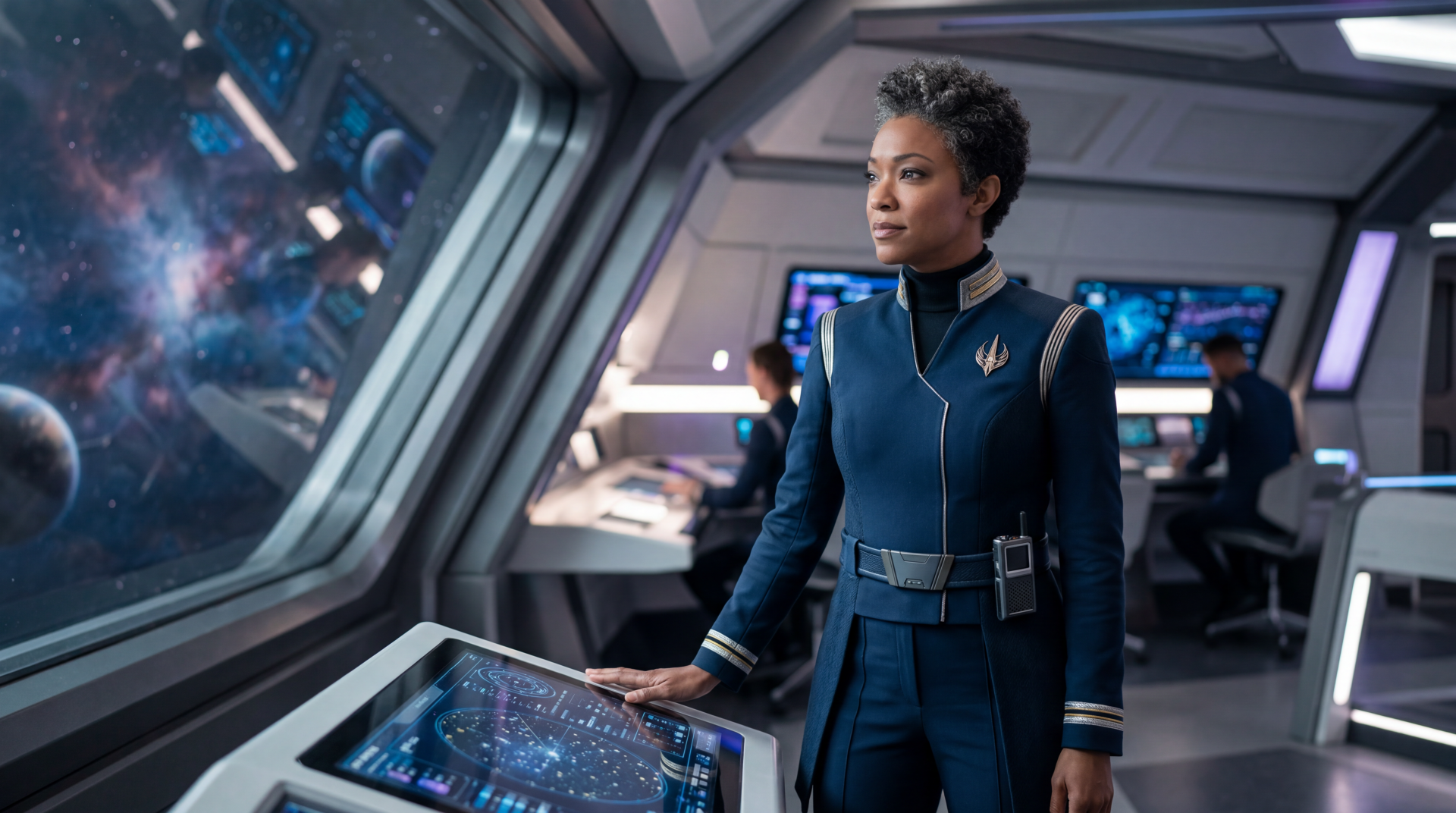 Starship captain stands on a futuristic bridge, hand on a holographic console, gazing ahead amid starfield displays — 5K Ultra HD PC desktop wallpaper background.