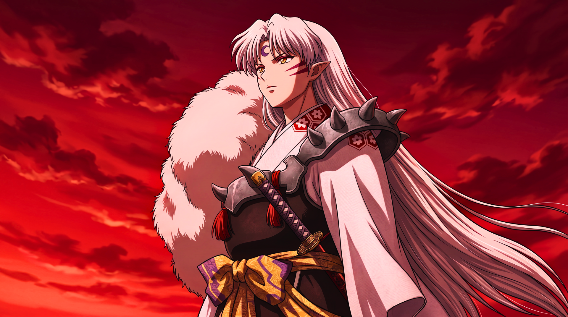 Sesshōmaru, demon noble from InuYasha, stands beneath a blood-red Feudal Japan sky, long silver hair, white fur pelt and spiked armor — 5K Ultra HD anime PC desktop wallpaper.