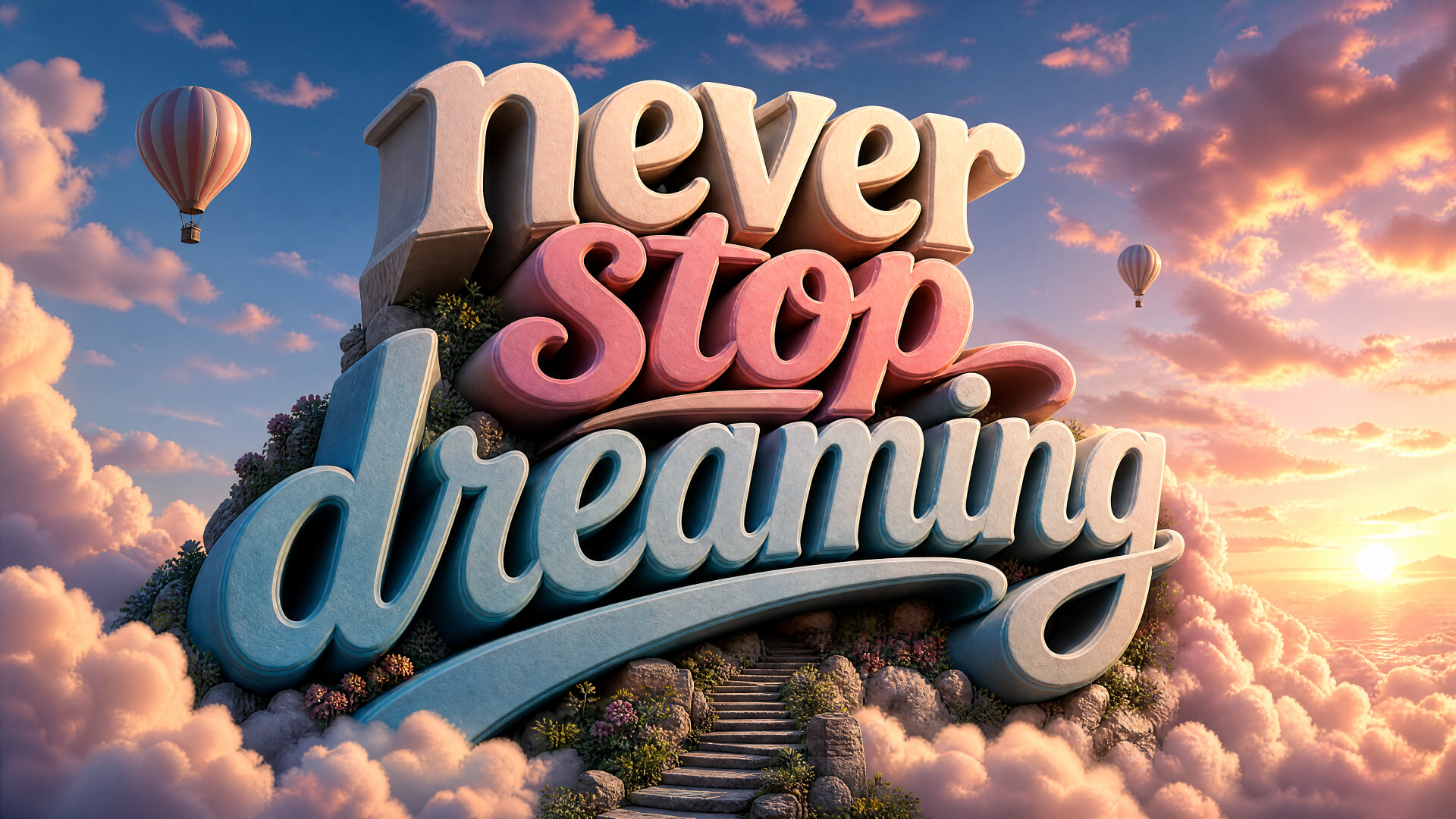 4K Ultra HD PC desktop wallpaper showing giant 3D text never stop dreaming emerging from cloud-topped stairs in a colorful sunset sky with hot air balloons.