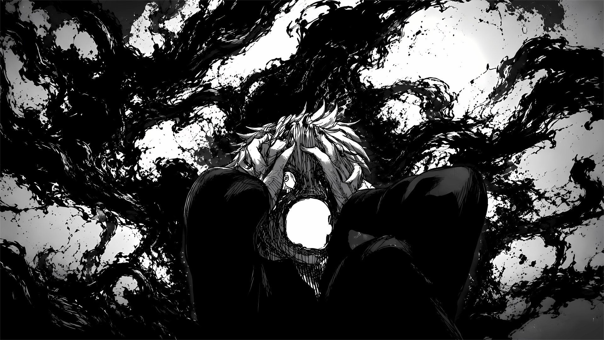 Tokyo Ghoul:re 5K Ultra HD PC desktop wallpaper/background — monochrome close-up of a ghoul with a white mask, surrounded by swirling black kagune, high-contrast horror imagery.