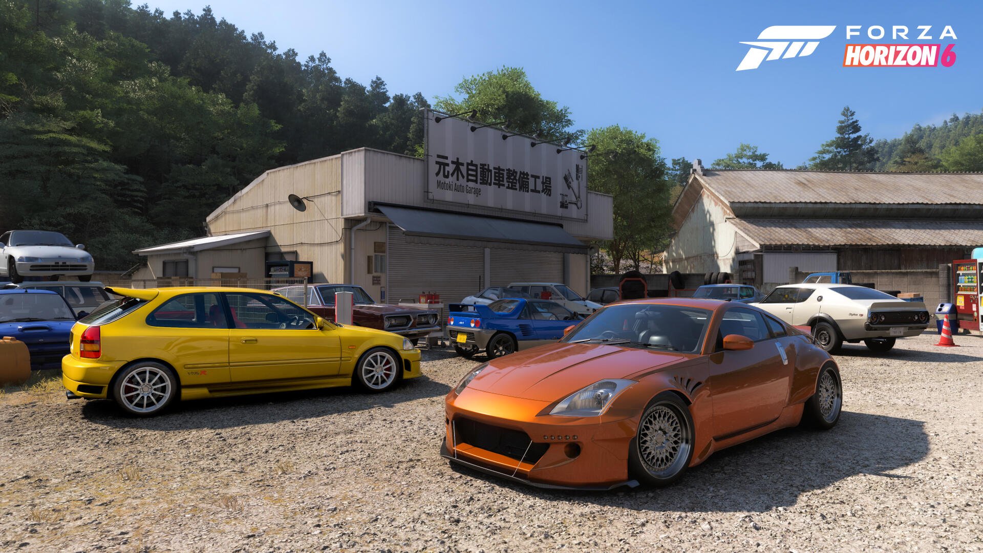 Forza Horizon 6 video game 4K Ultra HD PC desktop wallpaper: tuned orange sports car and yellow hatchback parked in a sunlit rural garage yard with trees and blue sky.