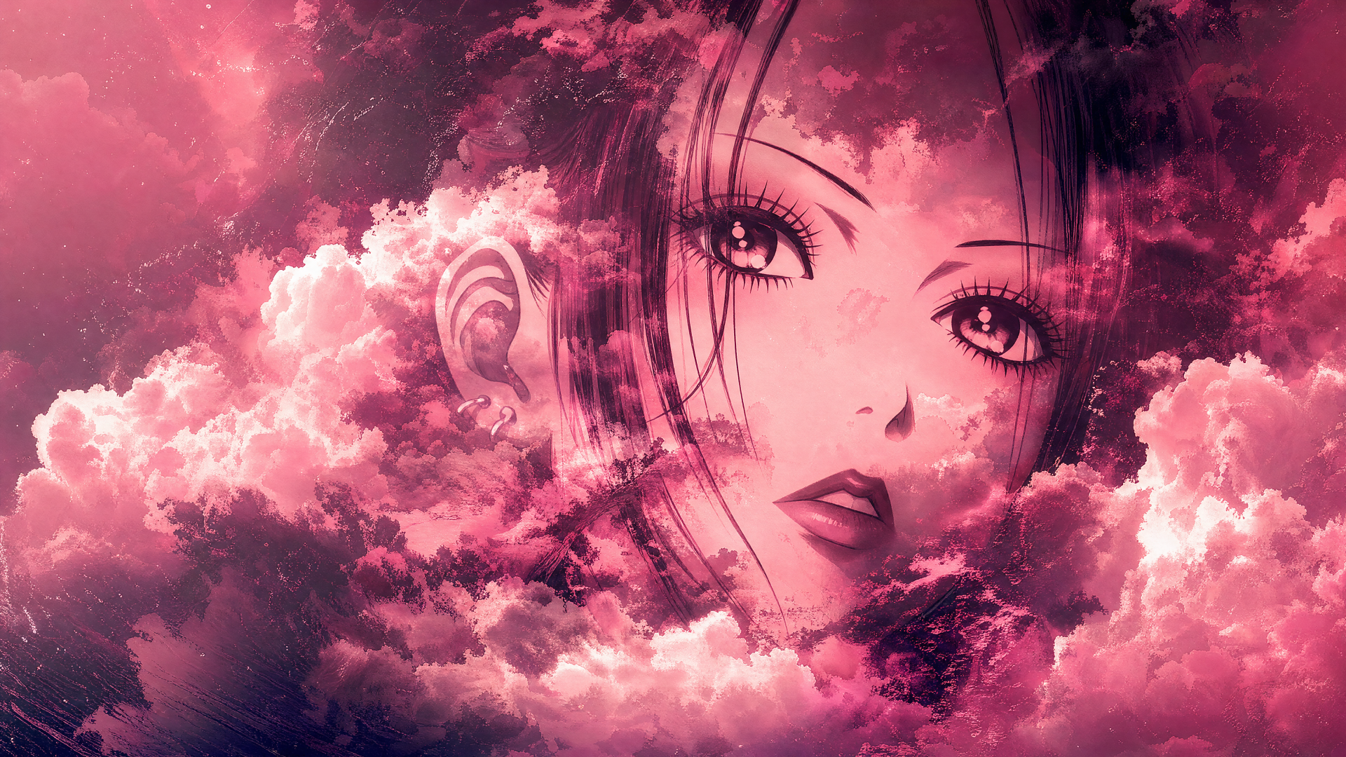 Nana anime portrait emerging from a pink cloudscape, high-detail 4K Ultra HD PC desktop wallpaper and background.