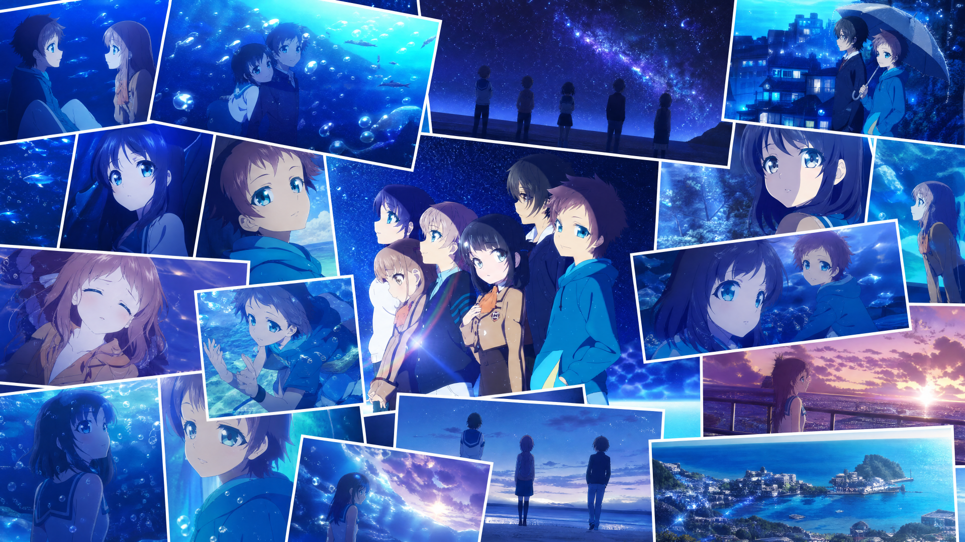 Nagi no Asukara collage of main characters under starry night skies and shimmering ocean panels — vibrant 4K Ultra HD PC desktop wallpaper and background.