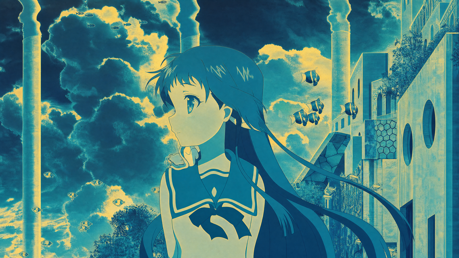 Nagi no Asukara 4K Ultra HD PC desktop wallpaper and background: serene anime girl in sailor uniform gazes at dramatic cloudy sky over seaside town with teal-blue palette.