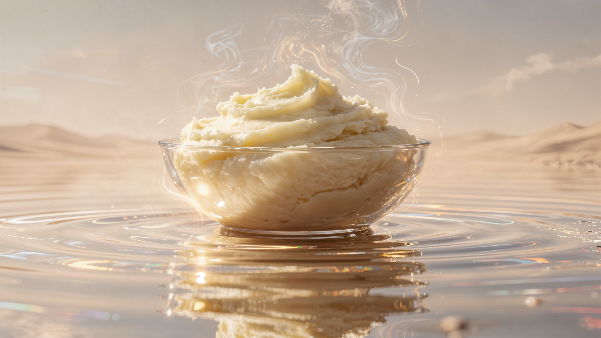 Steaming swirl of mashed potatoes in a glass bowl reflected on rippling water under a soft desert sky — 4K Ultra HD PC Desktop Wallpaper and Background.