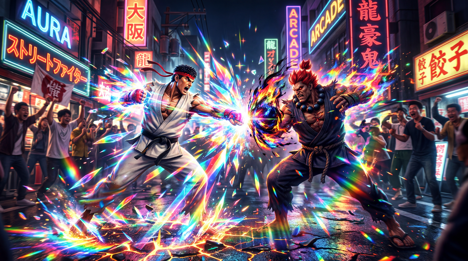 Street Fighter duel in a neon-drenched Osaka street, two fighters unleashing vibrant energy blasts — 5K Ultra HD PC desktop wallpaper and background.