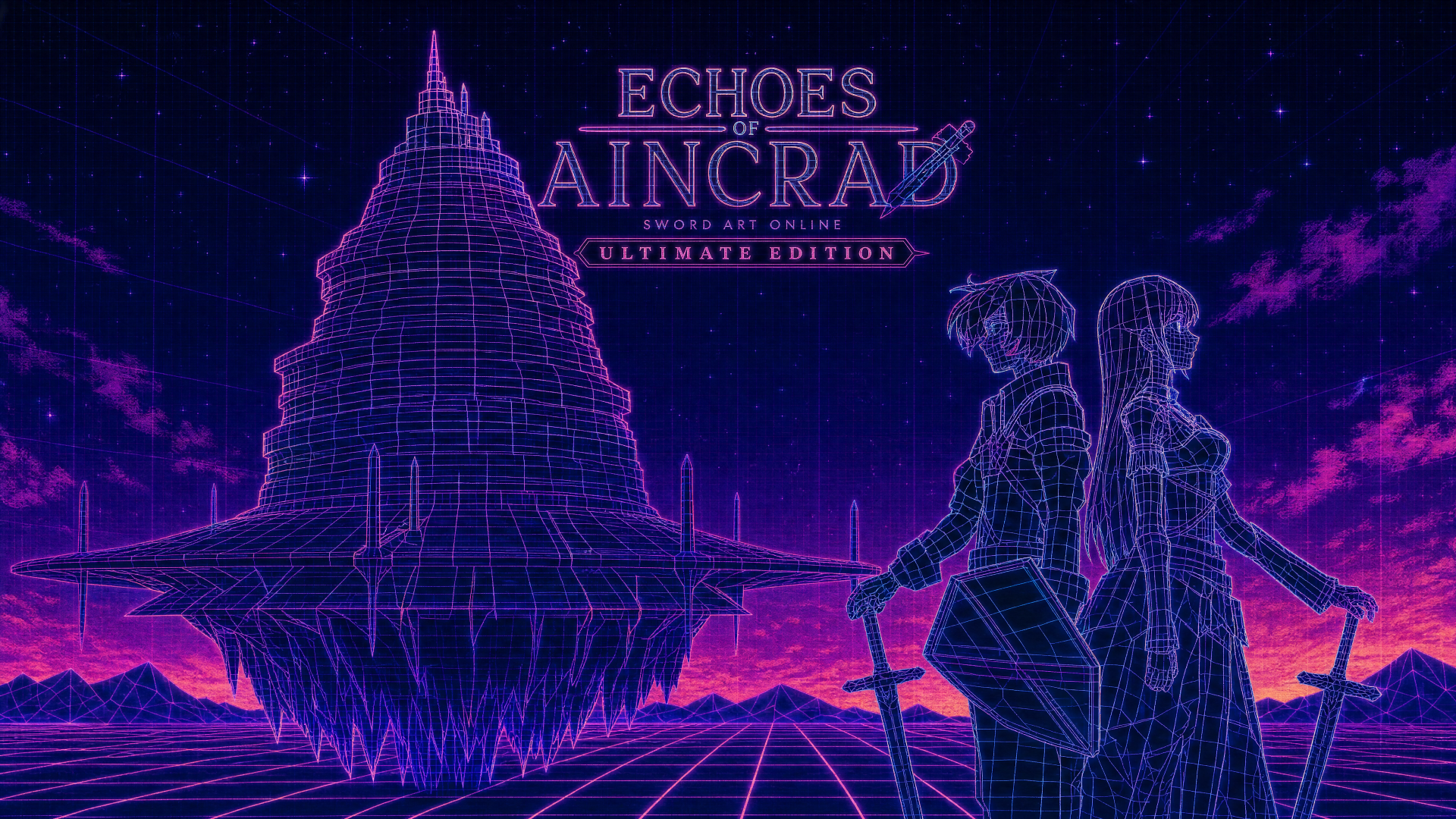Echoes of Aincrad 4K Ultra HD PC desktop wallpaper: neon‑purple wireframe Aincrad floating above a grid, two sword‑wielding wireframe figures back‑to‑back under the title.