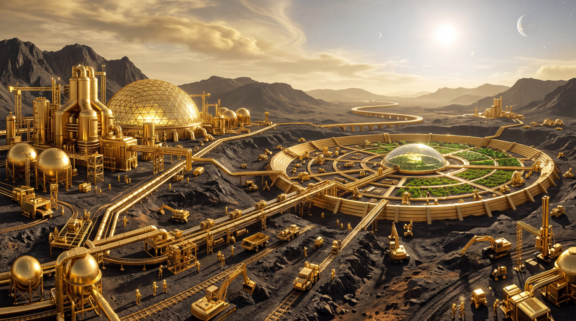 Terraforming 5K Ultra HD PC desktop wallpaper/background: golden futuristic colony with domes, radial green biosphere, roads and machines reshaping a rugged alien desert under a bright sun.