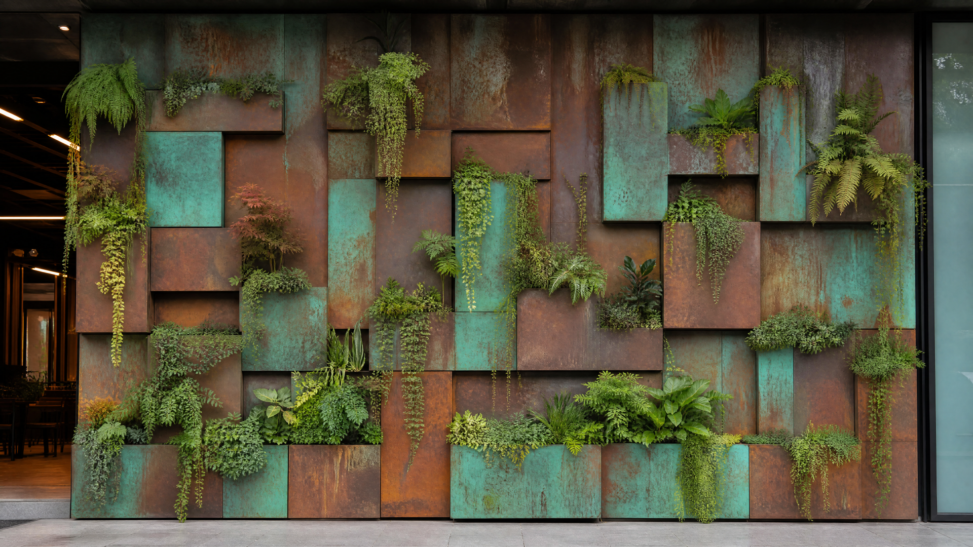 4K Ultra HD PC desktop wallpaper and background of a living wall: staggered oxidized metal panels with cascading ferns and pockets of lush green foliage.