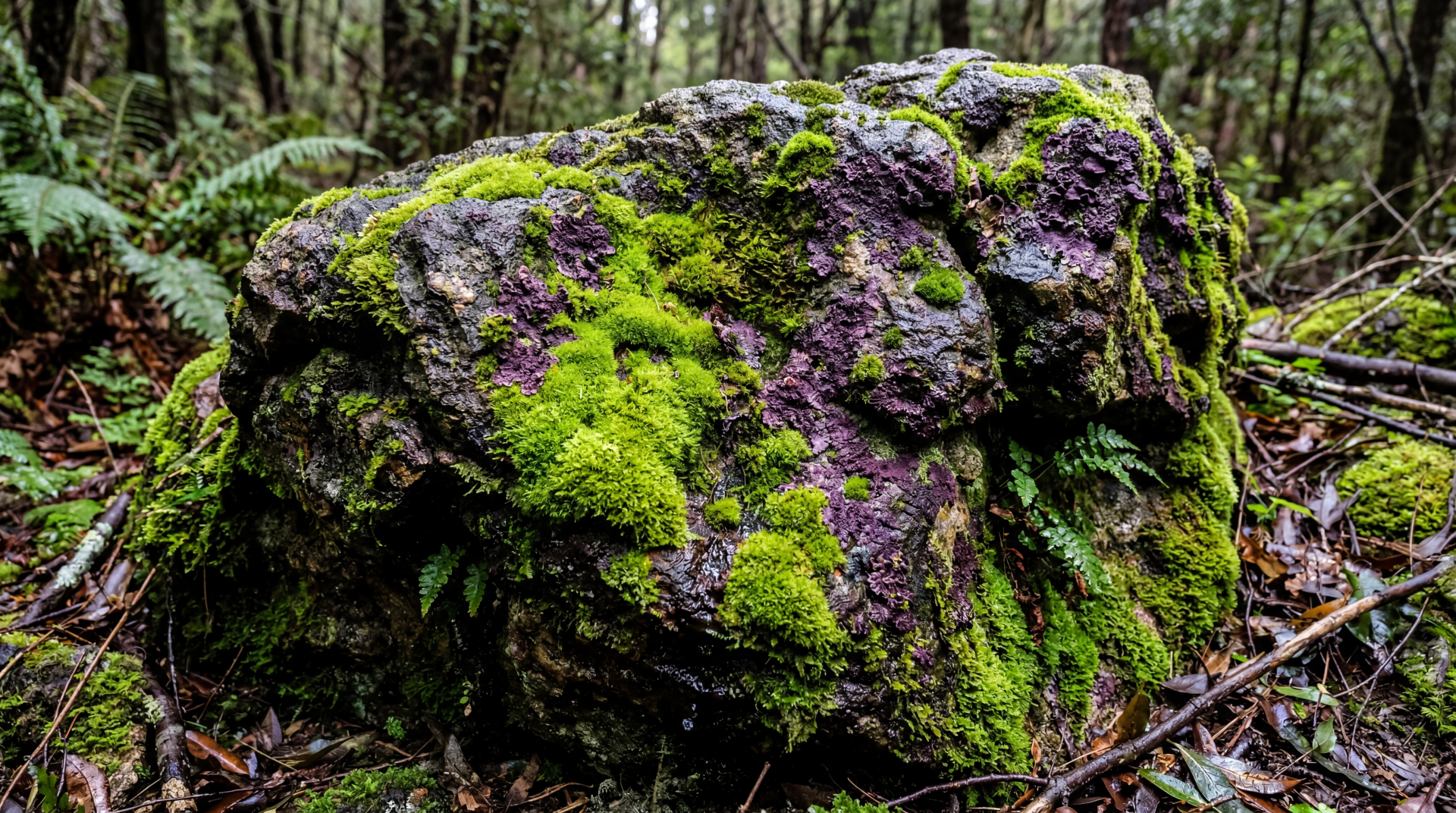 Close-up mossy stone in a damp forest, vivid green moss clinging to textured rock — 5K Ultra HD PC Desktop Wallpaper and Background.