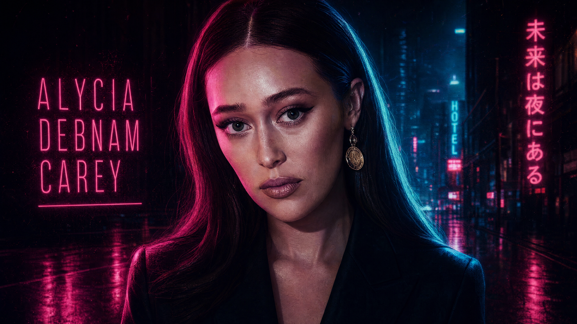 4K Ultra HD PC desktop wallpaper: close-up portrait of a woman with long dark hair and gold earrings against a neon-lit cyberpunk city at night, bathed in pink and blue light.