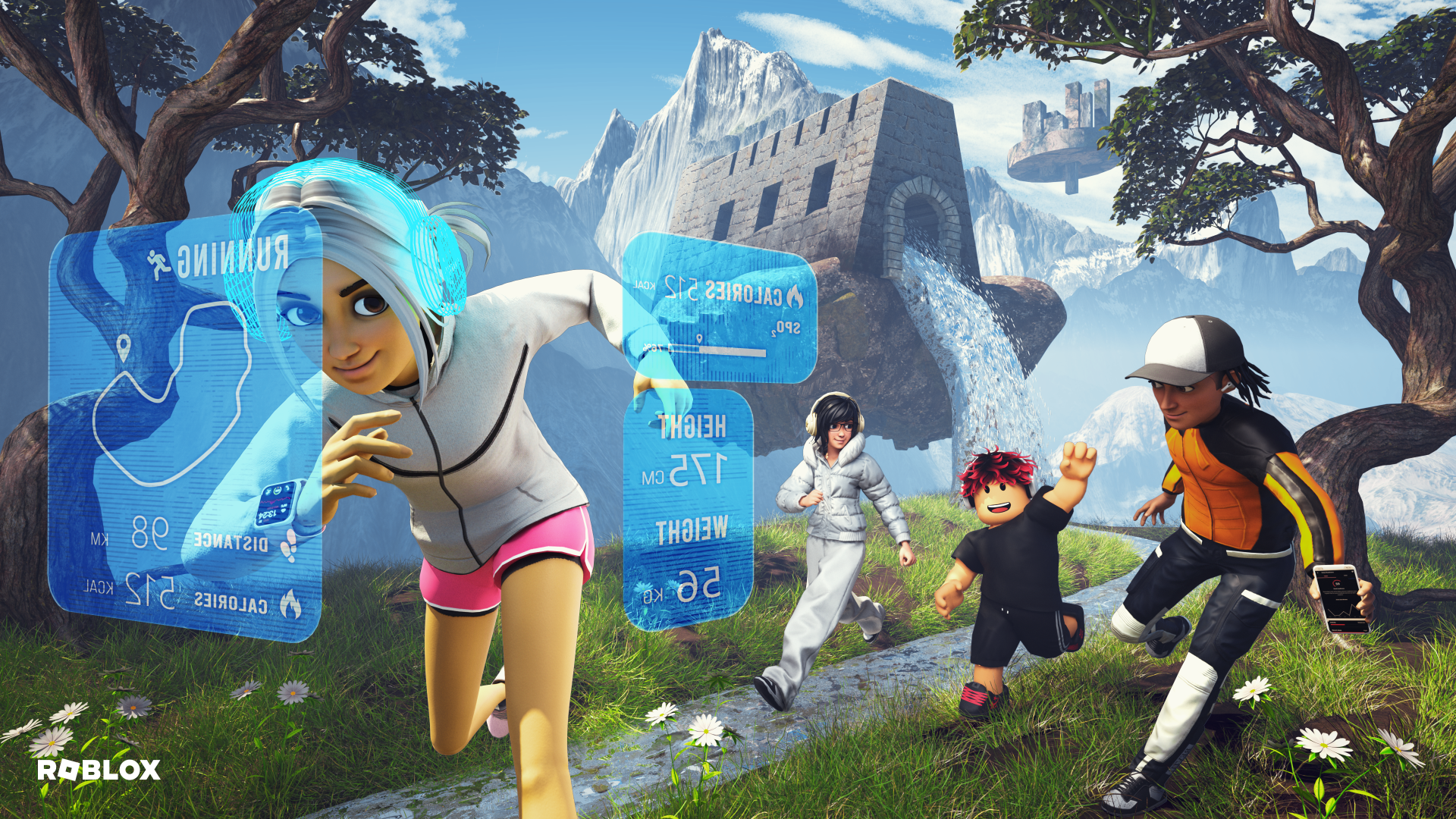 4K Ultra HD PC desktop wallpaper showing Roblox avatars exploring snowy mountain ruins, colorful characters racing past holographic HUD panels amid trees and floating islands