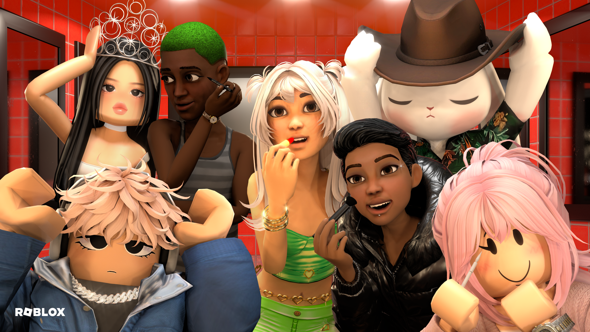 Vibrant Roblox video game group portrait of diverse avatars — playful, fashionable characters posing in a red-tiled room; 4K Ultra HD PC desktop wallpaper and background.