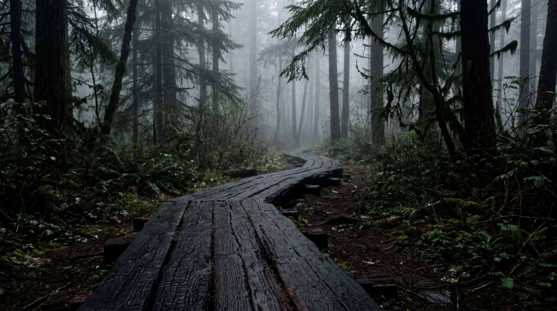 Misty forest trail: weathered wooden boardwalk winding into fog among tall evergreens and ferns — 5K Ultra HD PC desktop wallpaper/background.