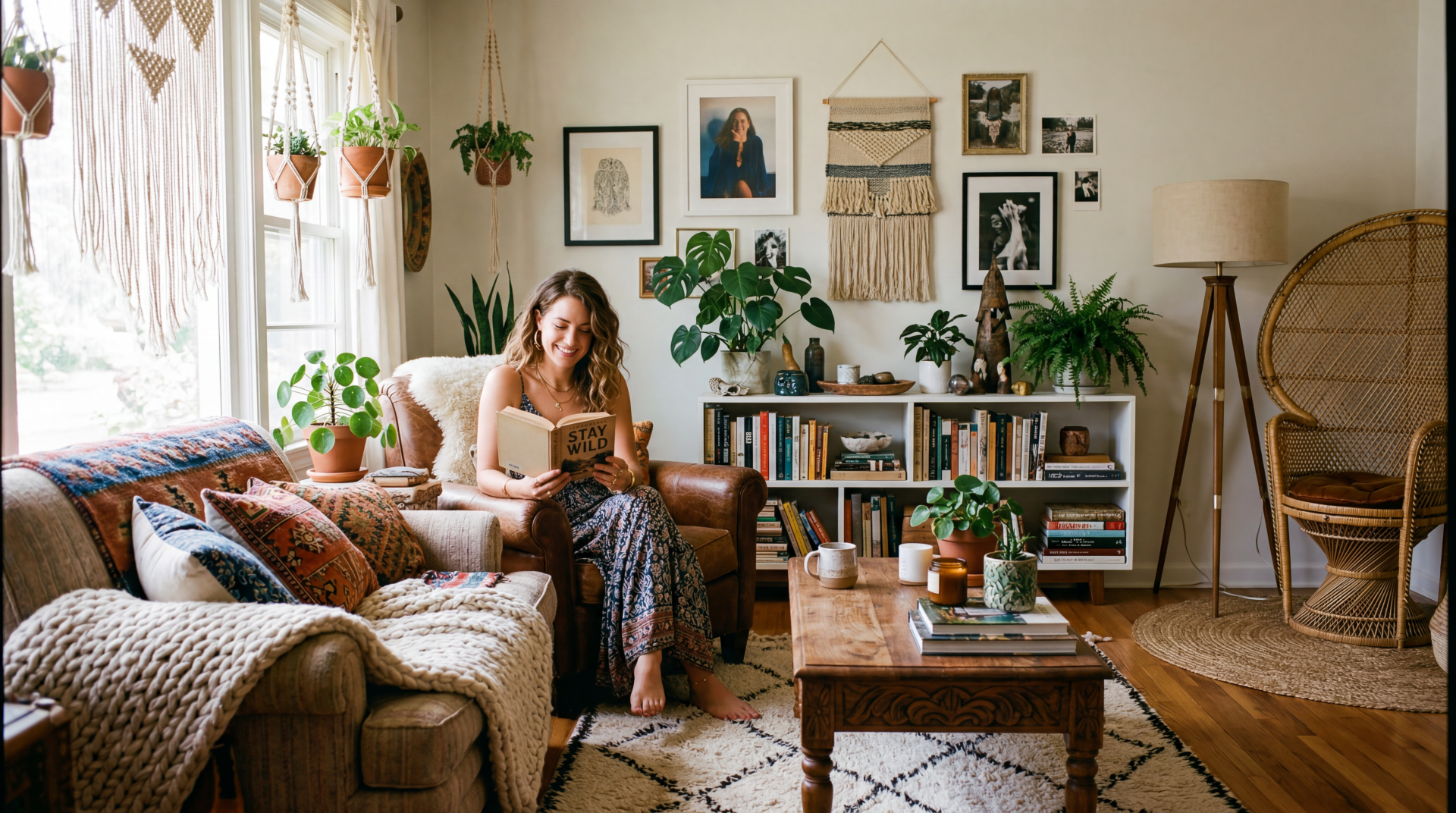 Boho interior: woman reading on a textured sofa amid plants, macramé wall hangings, woven chair and wooden shelves — 5K Ultra HD PC Desktop Wallpaper and Background.