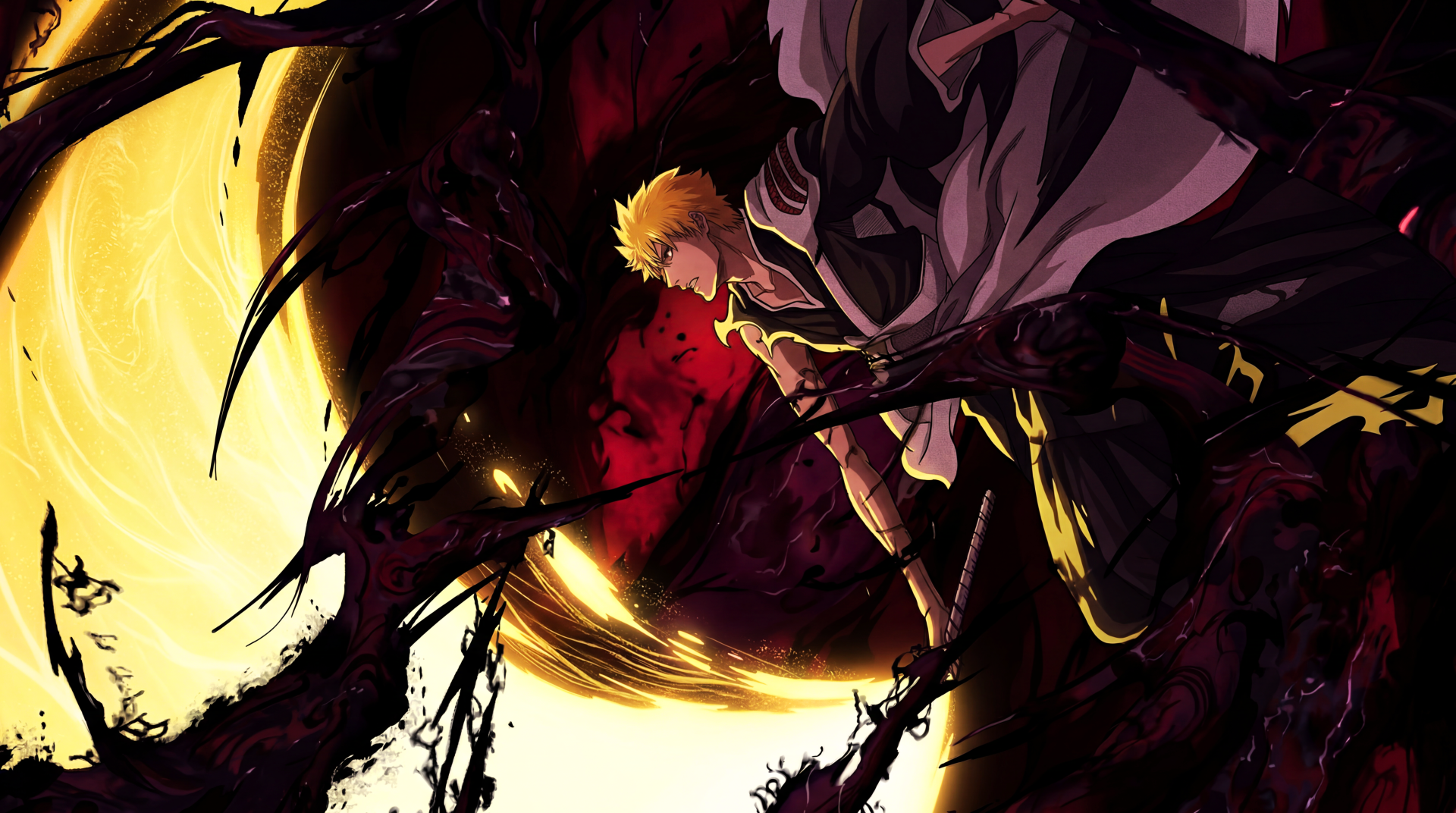 Ichigo Kurosaki in Bleach: Thousand-Year Blood War, lunging with black tendrils against a fiery moon — dramatic anime 5K Ultra HD PC desktop wallpaper/background