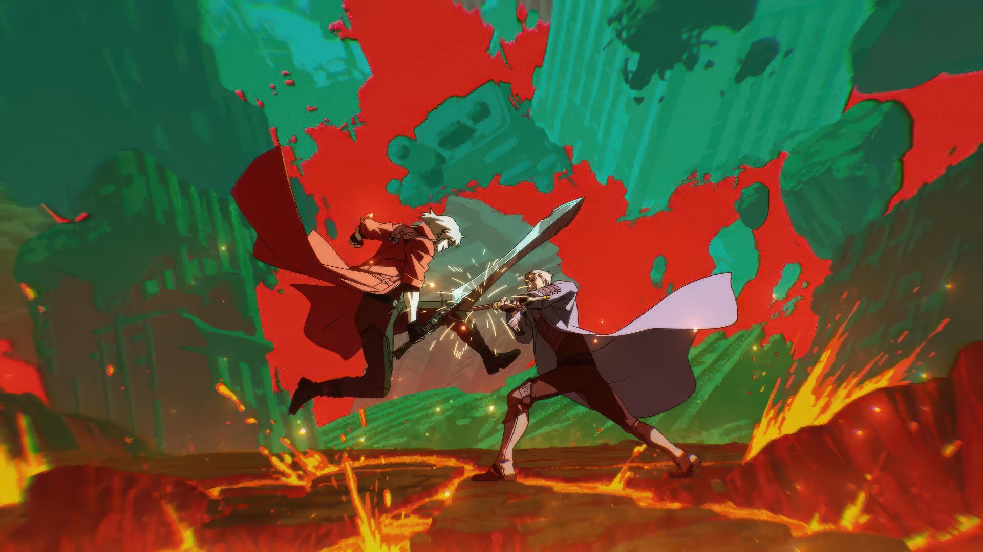 Devil May Cry (2025) 4K Ultra HD PC desktop wallpaper and background: two swordfighters clash midair above molten lava against a bold red and green painterly backdrop.