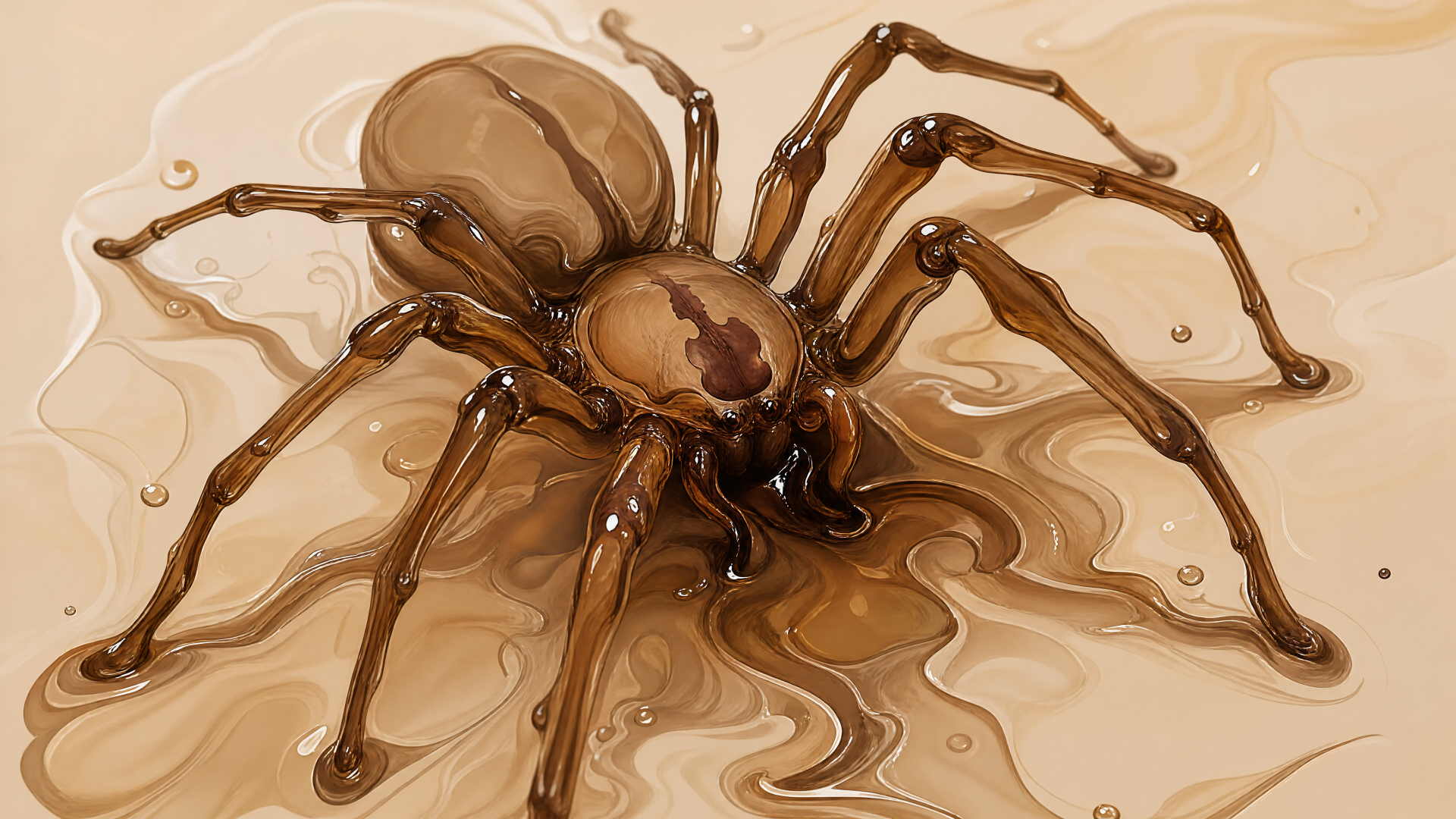Glossy sepia-toned close-up of a brown recluse spider in fluid swirls, 4K Ultra HD PC desktop wallpaper and background.