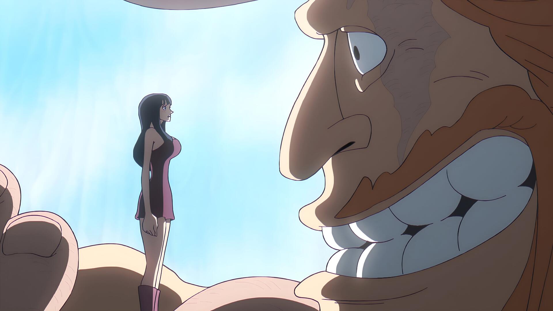 4K Ultra HD PC wallpaper: anime One Piece characters Nico Robin and Jaguar D. Saul standing together against a vivid sky, richly detailed cinematic background.