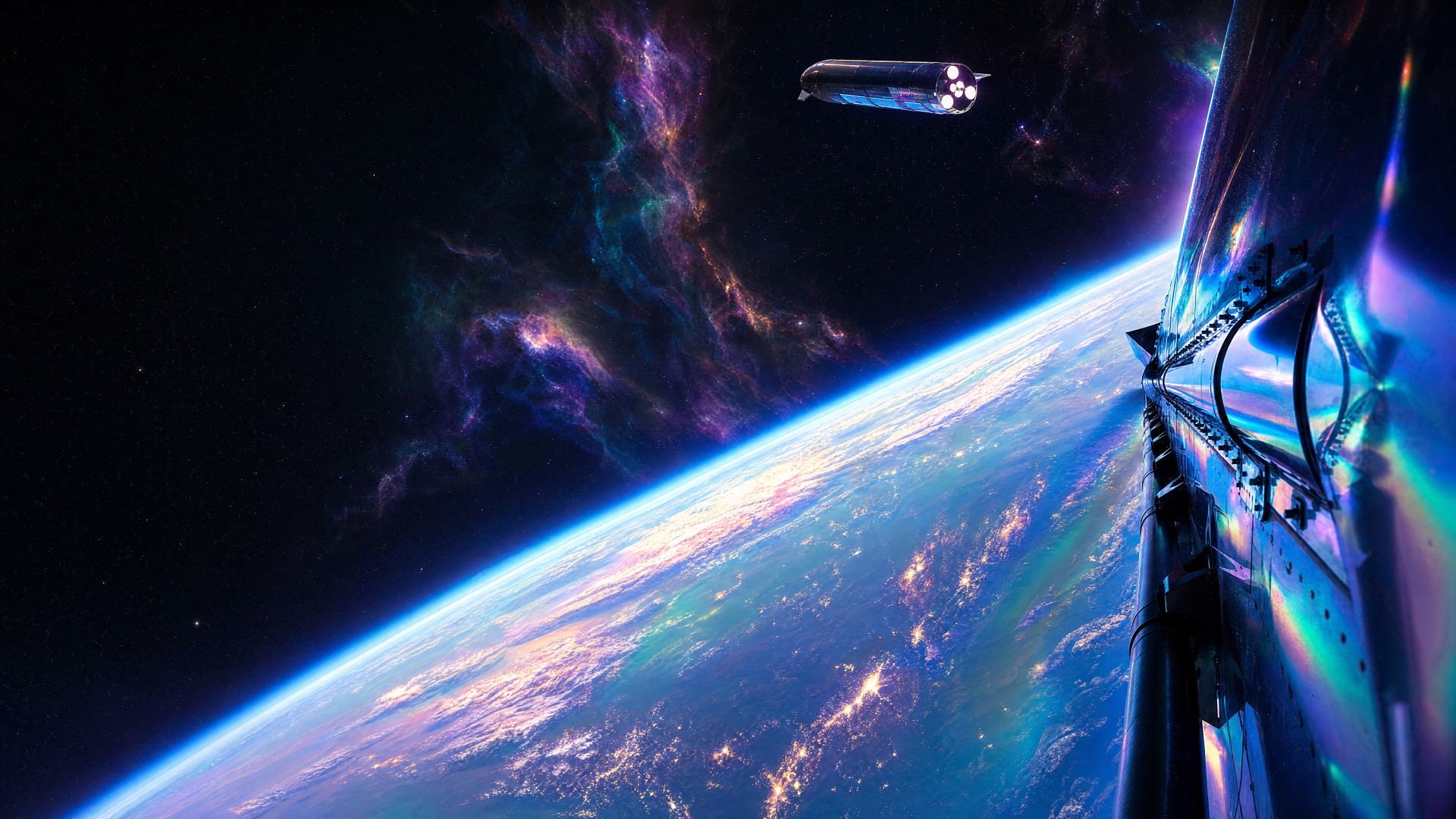 Starship (SpaceX) ascending above a glowing blue Earth horizon, vivid nebulae and stars—4K Ultra HD PC desktop wallpaper and background.