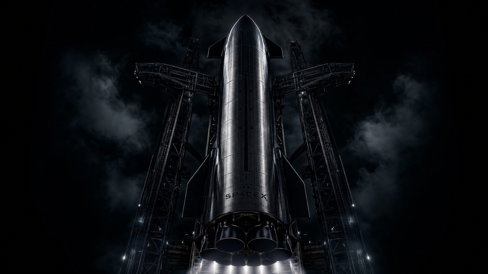 Starship (SpaceX) on the launch mount at night, engines glowing beneath a stainless-steel hull, framed by gantries and stormy clouds — 4K Ultra HD PC desktop wallpaper/background.