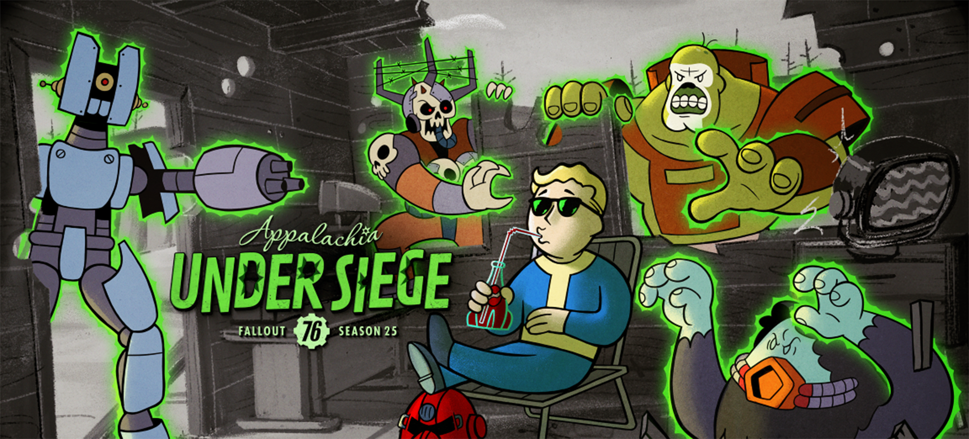 Fallout 76 video game HD PC desktop wallpaper/background: Vault Boy in sunglasses sips a soda as glowing ghouls and mutants attack, comic-style Appalachia Under Siege logo.