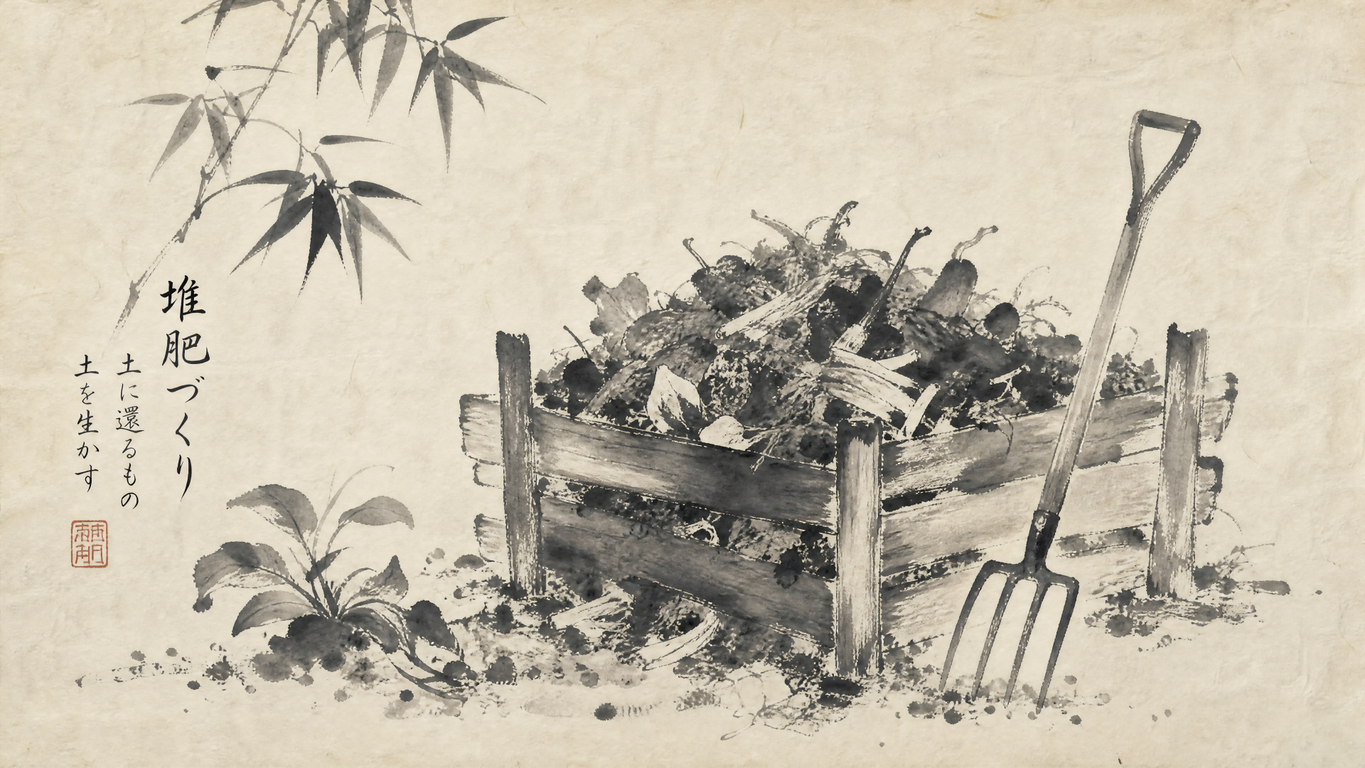 Ink-style illustration of composting in a rustic bin piled with garden debris and a pitchfork, bamboo accents — 4K Ultra HD PC desktop wallpaper and background.