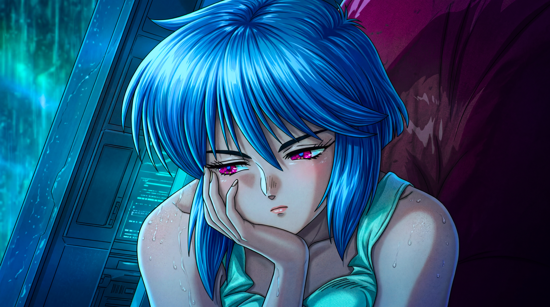 Melancholic blue-haired Motoko Kusanagi anime girl (waifu) in retro neon style, 5K Ultra HD Ghost in the Shell 2026 PC wallpaper, close-up resting her chin on her hand.