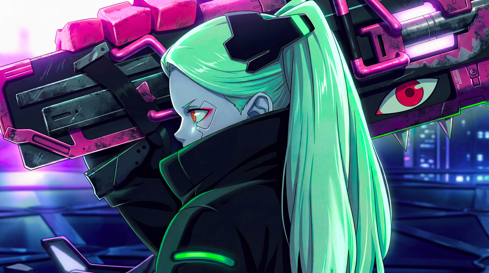 Rebecca from Cyberpunk: Edgerunners — neon-drenched anime girl with mint ponytail and red eyes, hoisting a massive futuristic gun in a cyberpunk 5K Ultra HD PC desktop wallpaper.