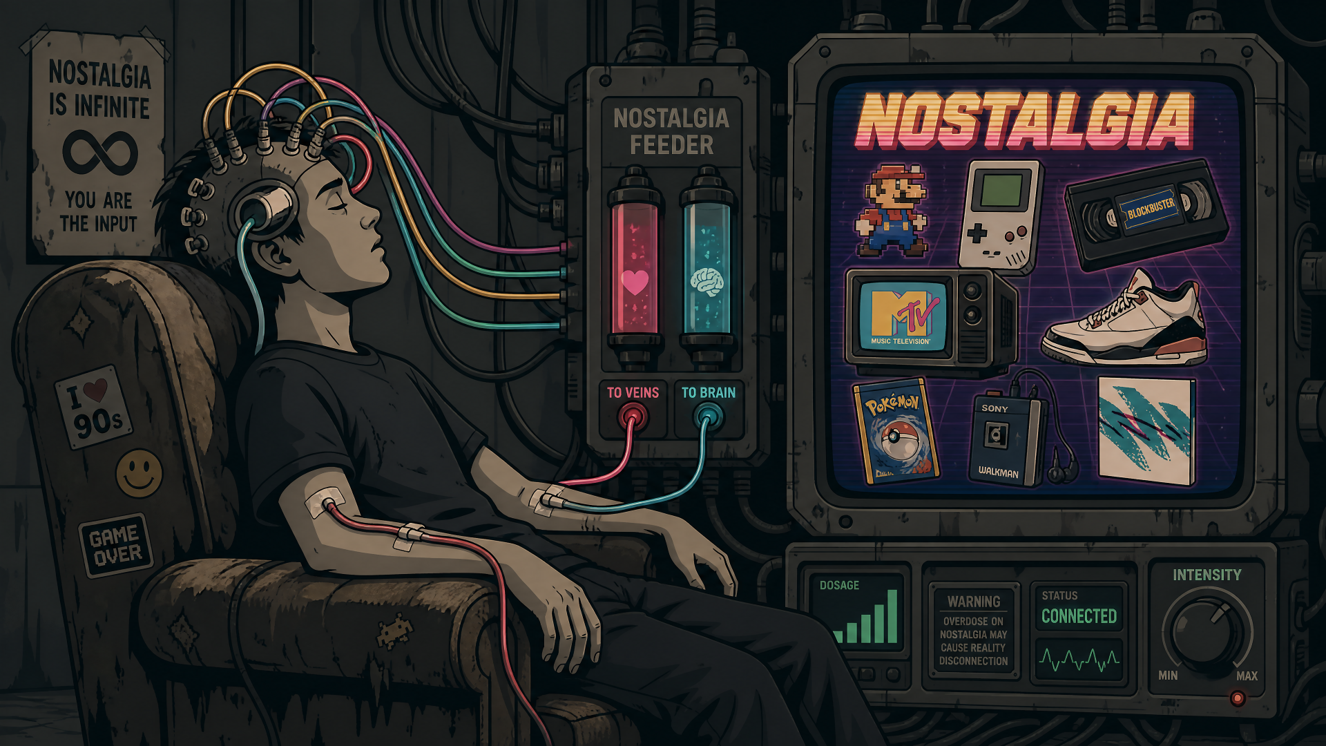 4K Ultra HD PC desktop wallpaper: person reclines with neural cables to a 'NOSTALGIA' feed vending screen showing retro games, a Game Boy, cassette tapes and sneakers.