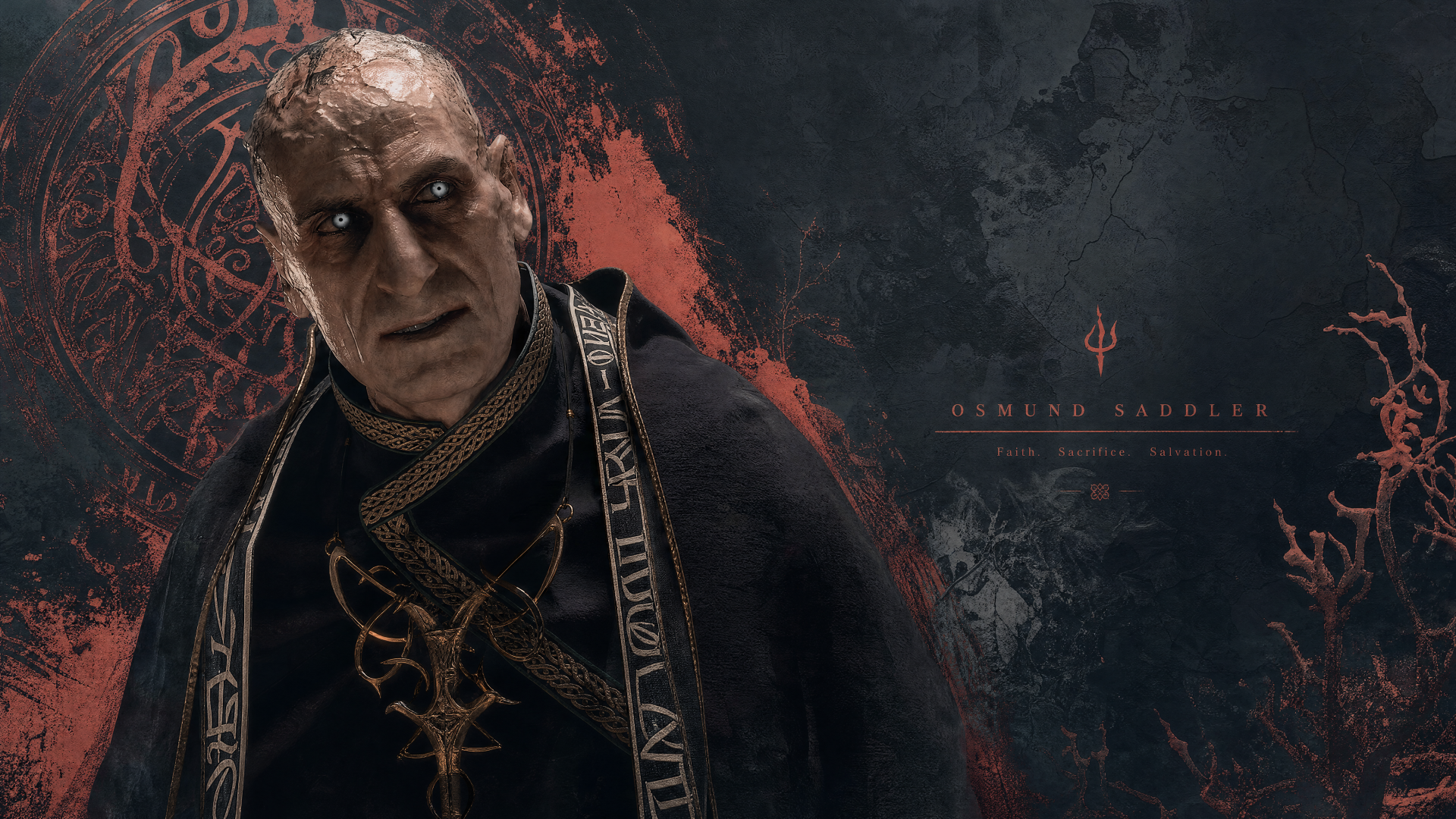 Osmund Saddler: menacing priest-like villain with pale skin, dark robes and red occult sigils against a stormy backdrop — 4K Ultra HD PC desktop wallpaper and background.