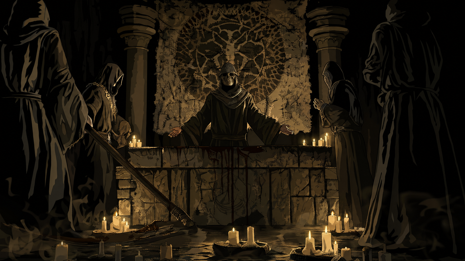 Zealot (Resident Evil) at a candlelit altar surrounded by robed cultists in a dark gothic ritual — 4K Ultra HD PC desktop wallpaper and background.