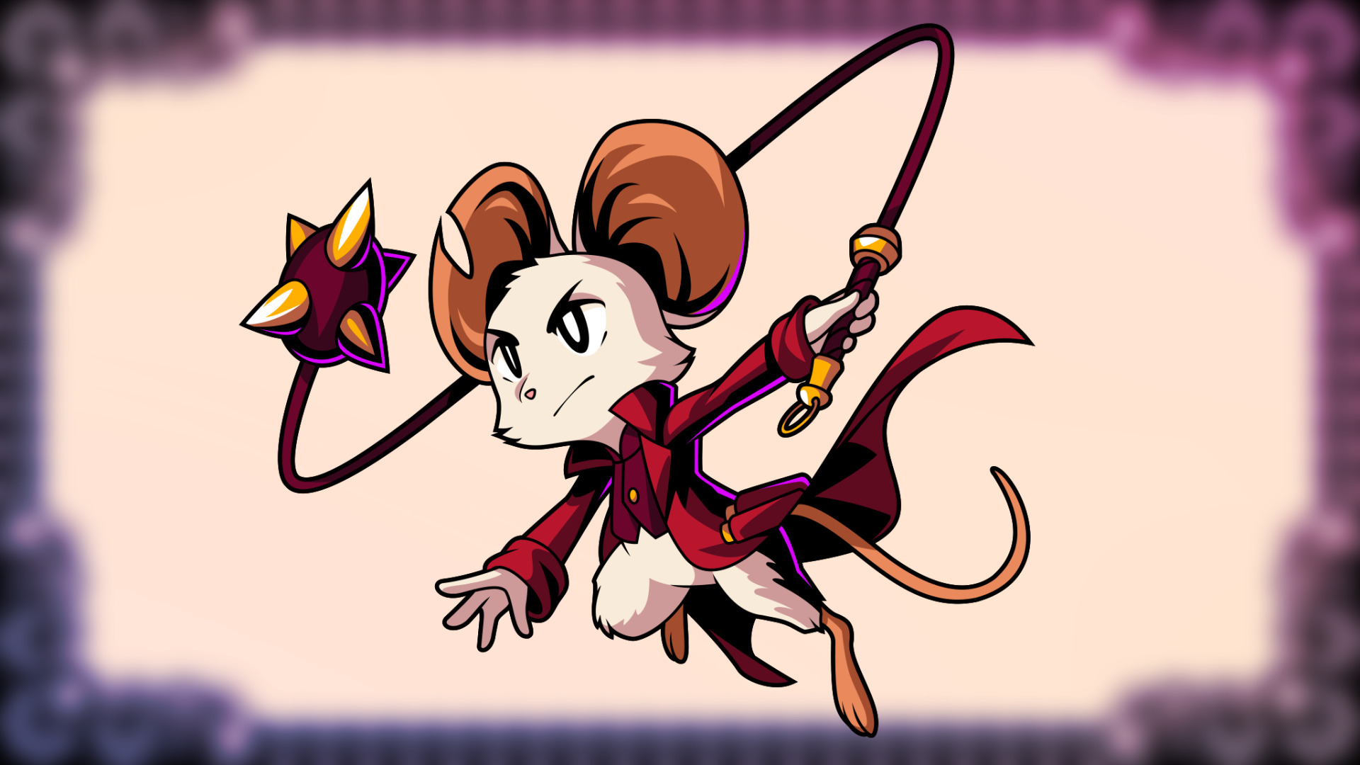 HD PC desktop wallpaper and background of Minna The Hollower (video game): stylized mouse in a red coat mid-leap, swinging a spiked flail against a soft gradient backdrop.
