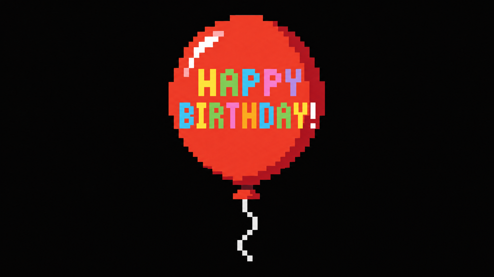Pixel-art red birthday balloon with HAPPY BIRTHDAY! in colorful block letters on a black background — 4K Ultra HD PC desktop wallpaper.