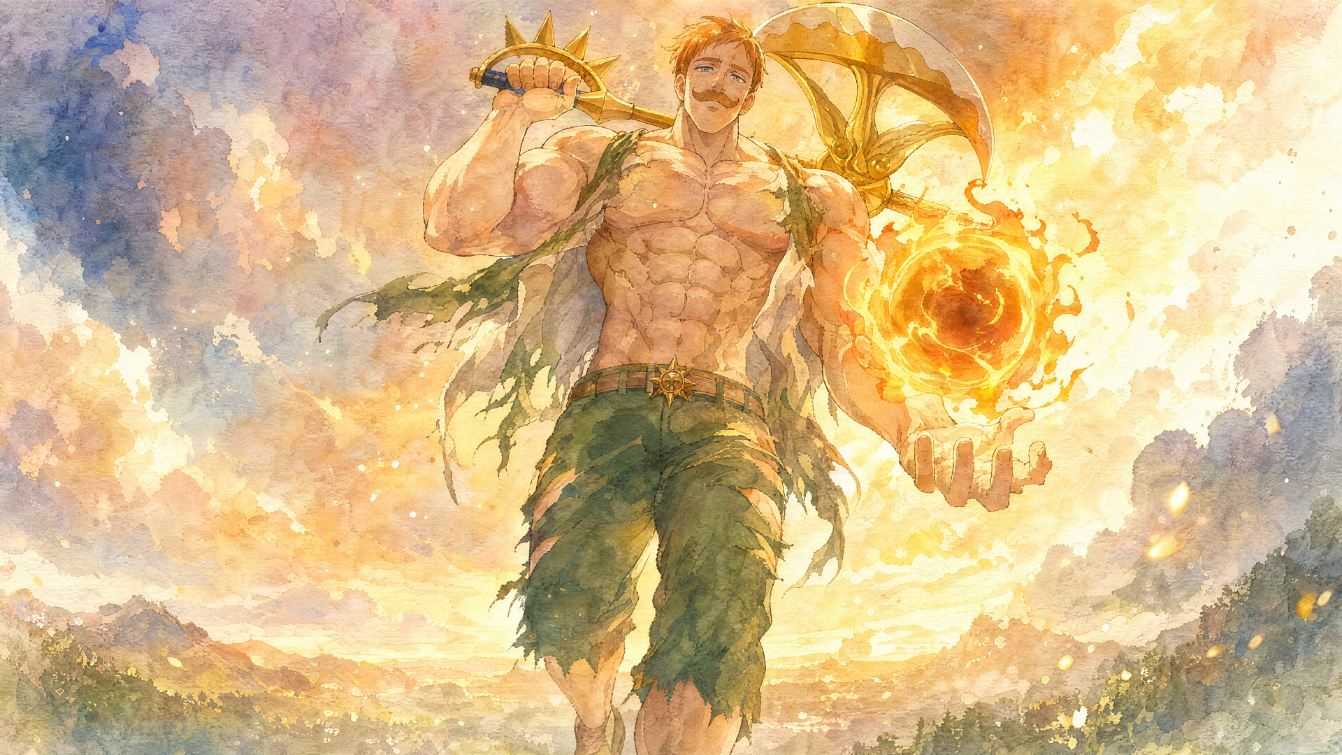 Escanor (The Seven Deadly Sins) 4K Ultra HD PC wallpaper — towering muscular Escanor bathed in golden light, holding a blazing sun orb above a glowing, cloud-filled landscape.