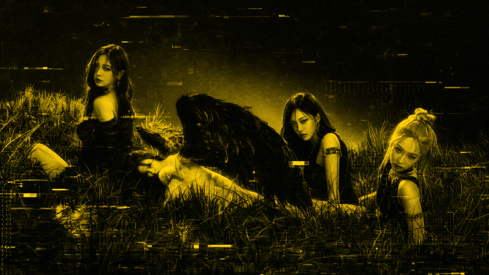 4K Ultra HD PC desktop wallpaper and background of four women in a glitchy yellow‑green field, moody cyberpunk lighting with grain and scanline distortion.